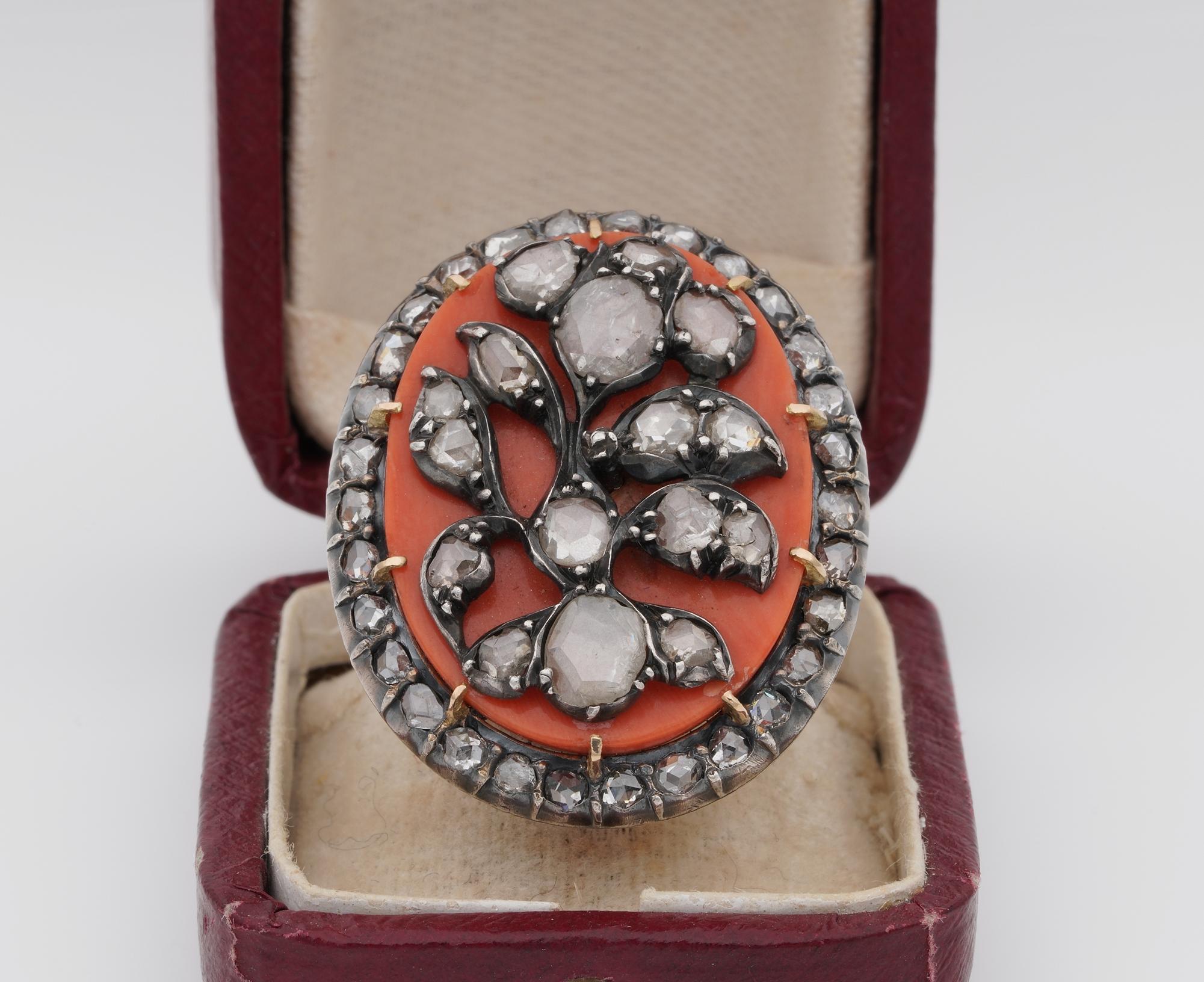 Magnificent from the Georgian period – 1820 ca, Italian origin; rare Giardinetti ring

Opulent large size for the big oval crown, set with a large and very deep cut antique orange Sciacca Coral, holding the Giardinetti motif, set with a myriad of
