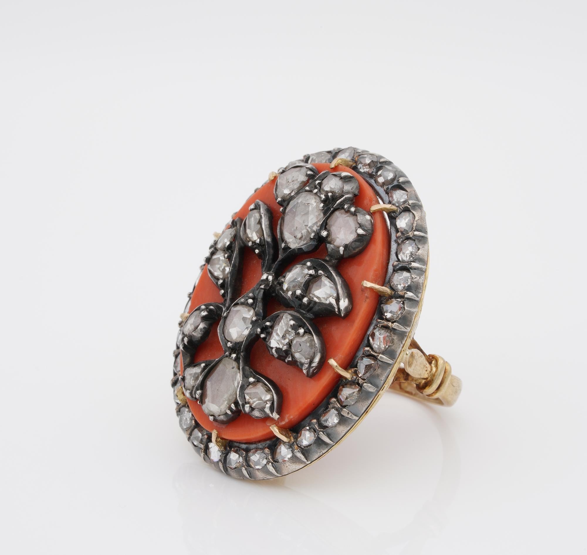 Rare Georgian Italian Diamond Coral Giardinetti Glove Ring In Good Condition In Napoli, IT
