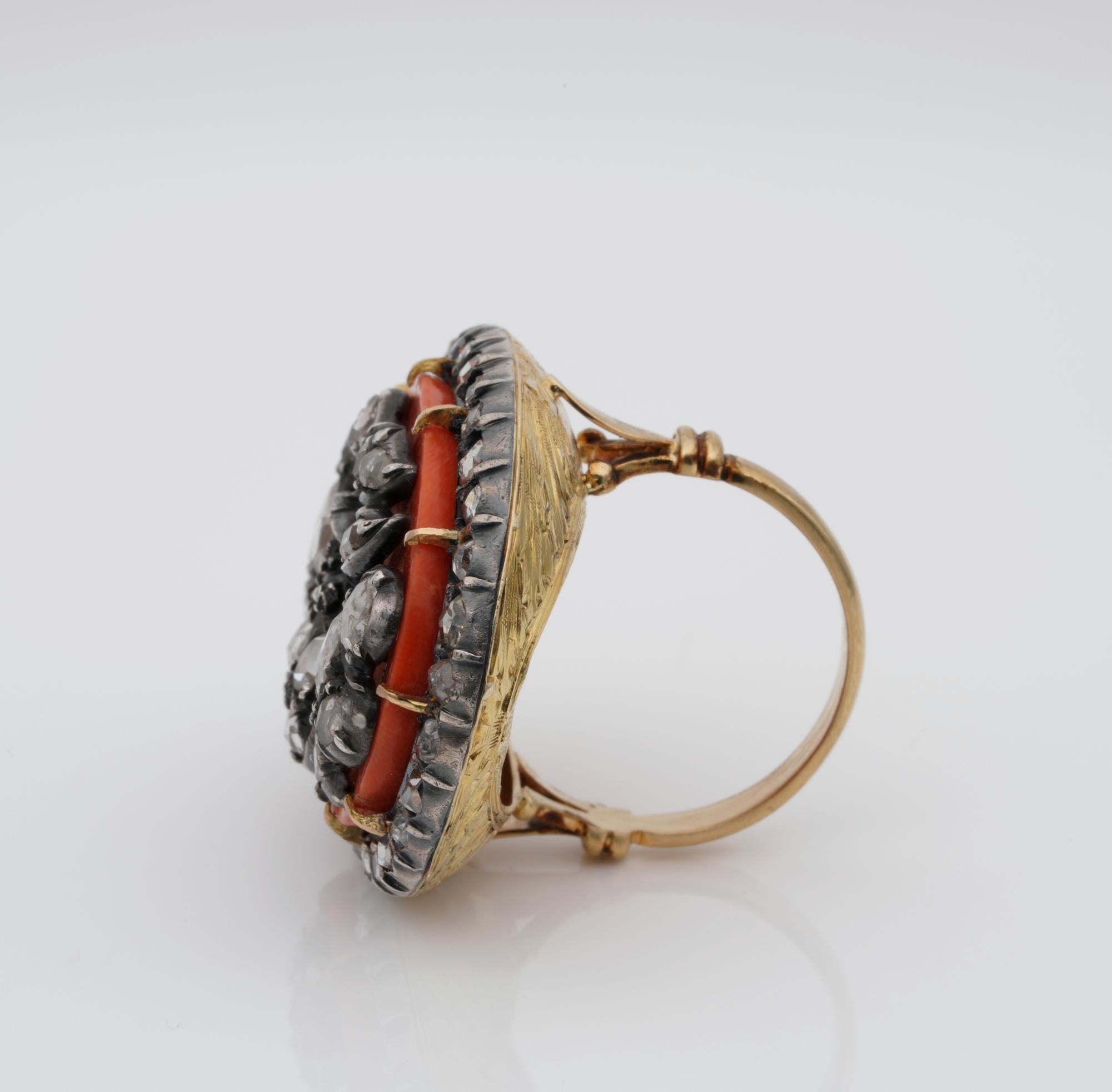 Women's or Men's Rare Georgian Italian Diamond Coral Giardinetti Glove Ring