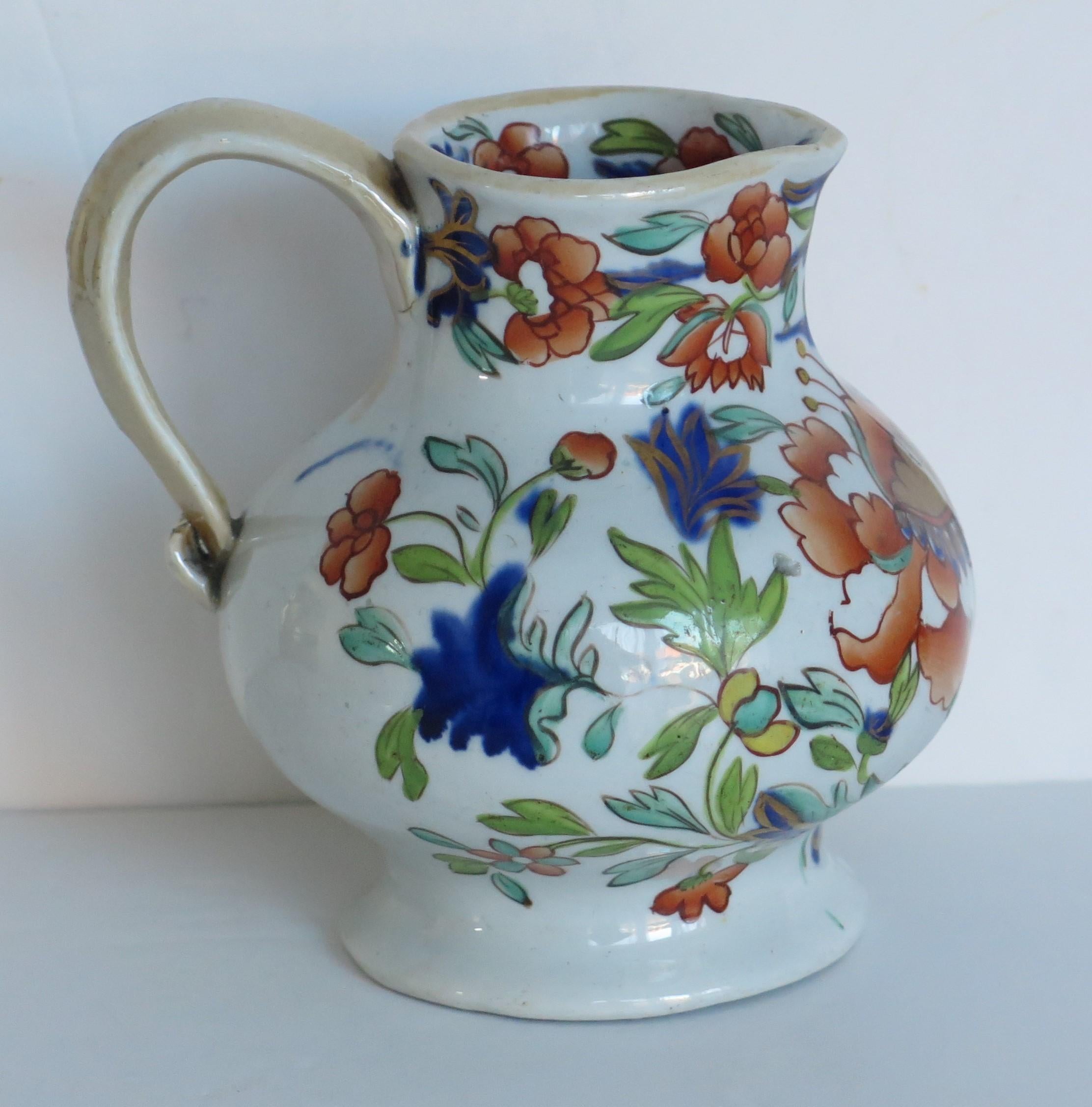 Hand-Painted Rare Georgian Mason's Ironstone Cream Jug in Large Stamen Flower Ptn. Ca 1820