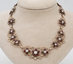 Rare Georgian Natural Pearl and Red Garnet Necklace