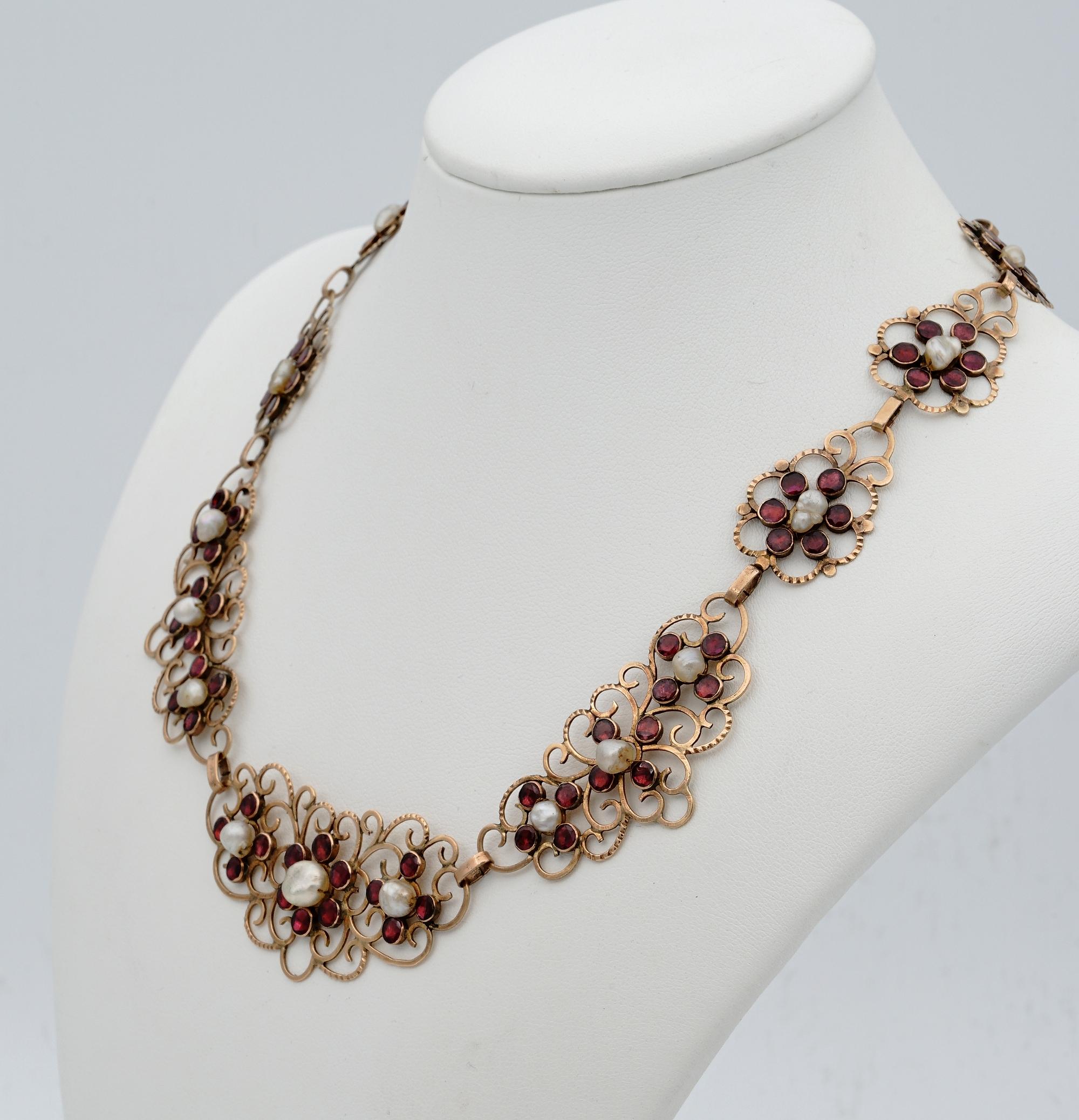 Women's or Men's Rare Georgian Natural Pearl and Red Garnet Necklace For Sale