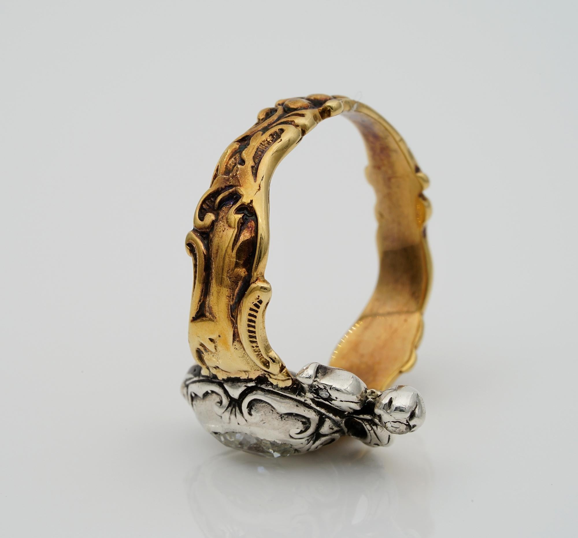Women's or Men's Rare Georgian Old Mine Diamond Heart 18 Karat Ring For Sale