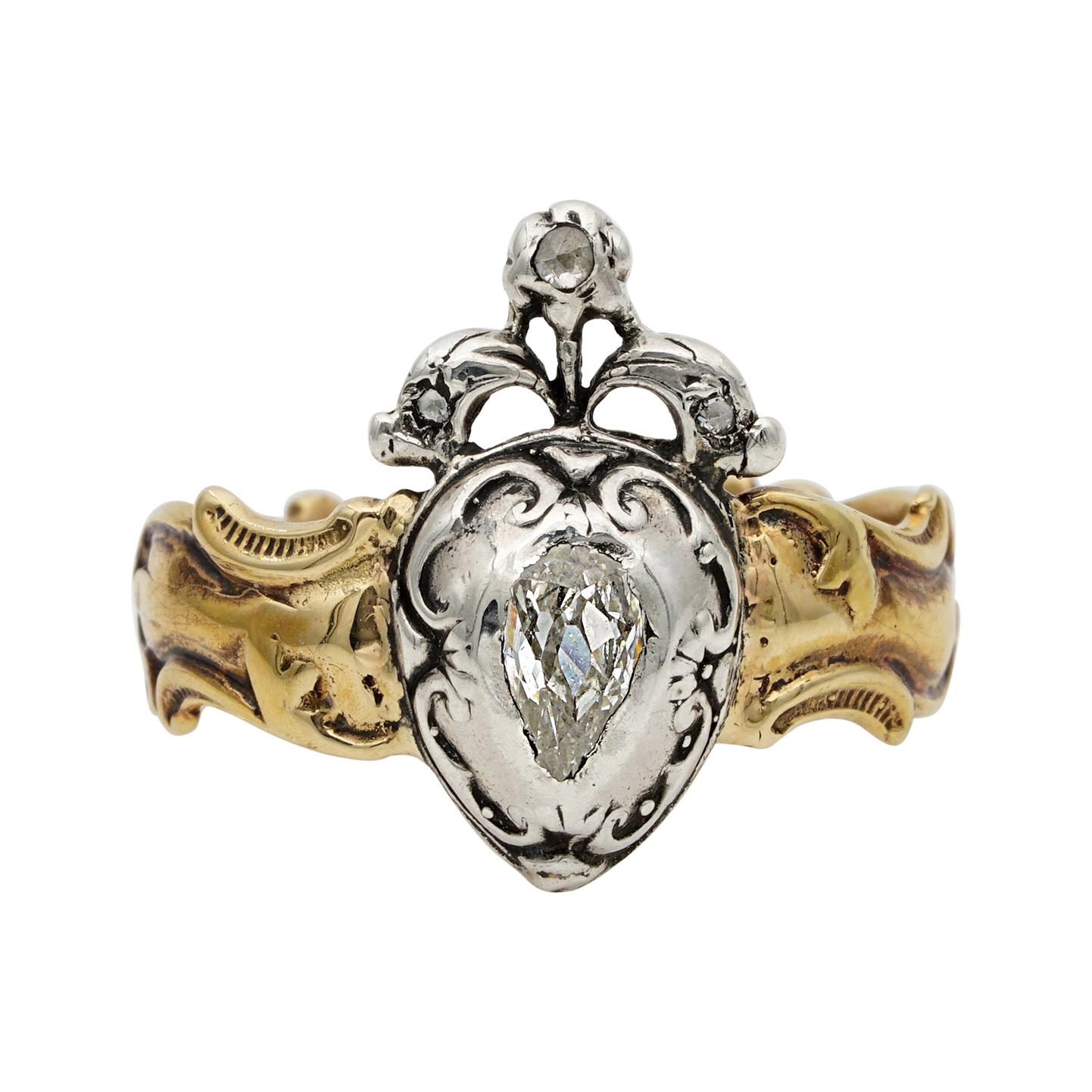 Rare Georgian Old Mine Diamond Heart 18 Karat Ring For Sale