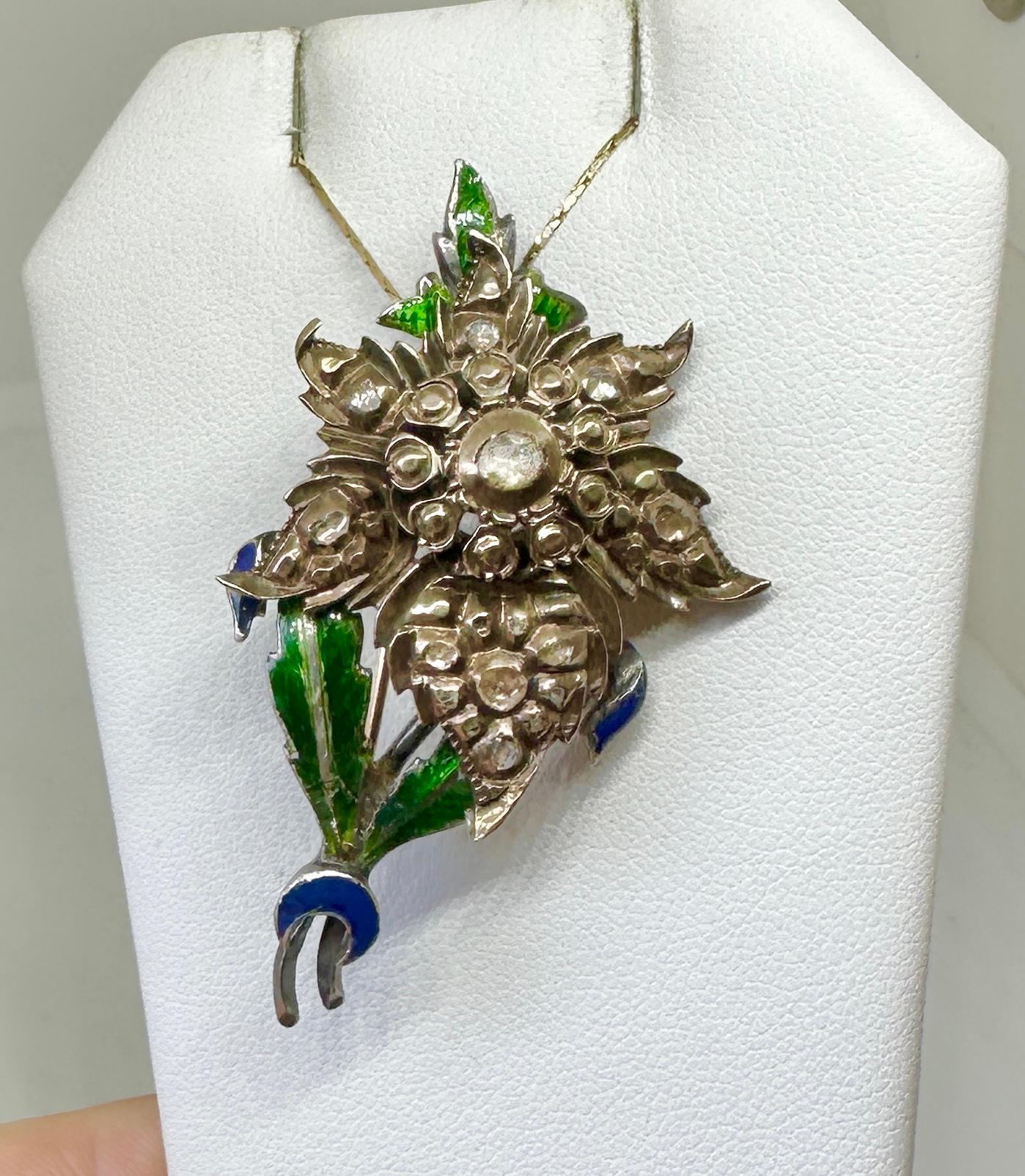 Rare Georgian Rose Cut Diamond Enamel Flower Pendant Silver And Gold Necklace In Good Condition For Sale In New York, NY