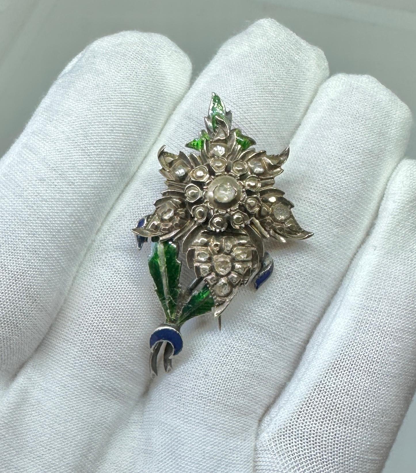 Women's or Men's Rare Georgian Rose Cut Diamond Enamel Flower Pendant Silver And Gold Necklace For Sale