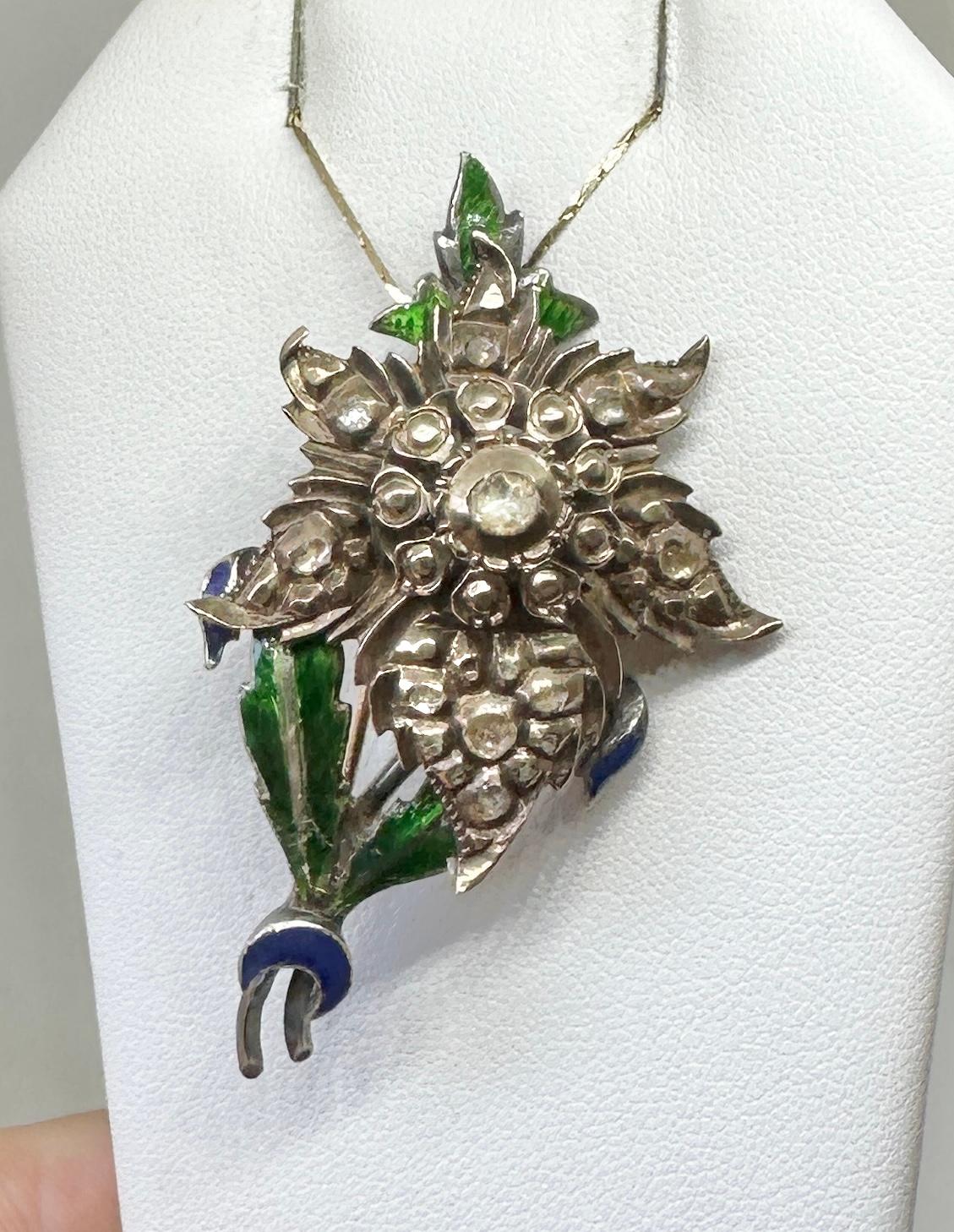 Rare Georgian Rose Cut Diamond Enamel Flower Pendant Silver And Gold Necklace For Sale 1