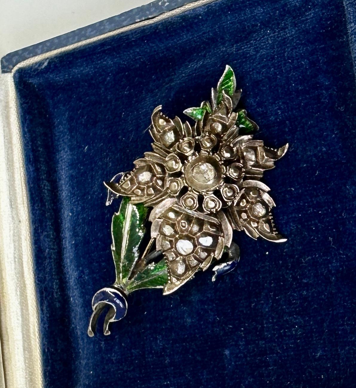 Rare Georgian Rose Cut Diamond Enamel Flower Pendant Silver And Gold Necklace For Sale 2
