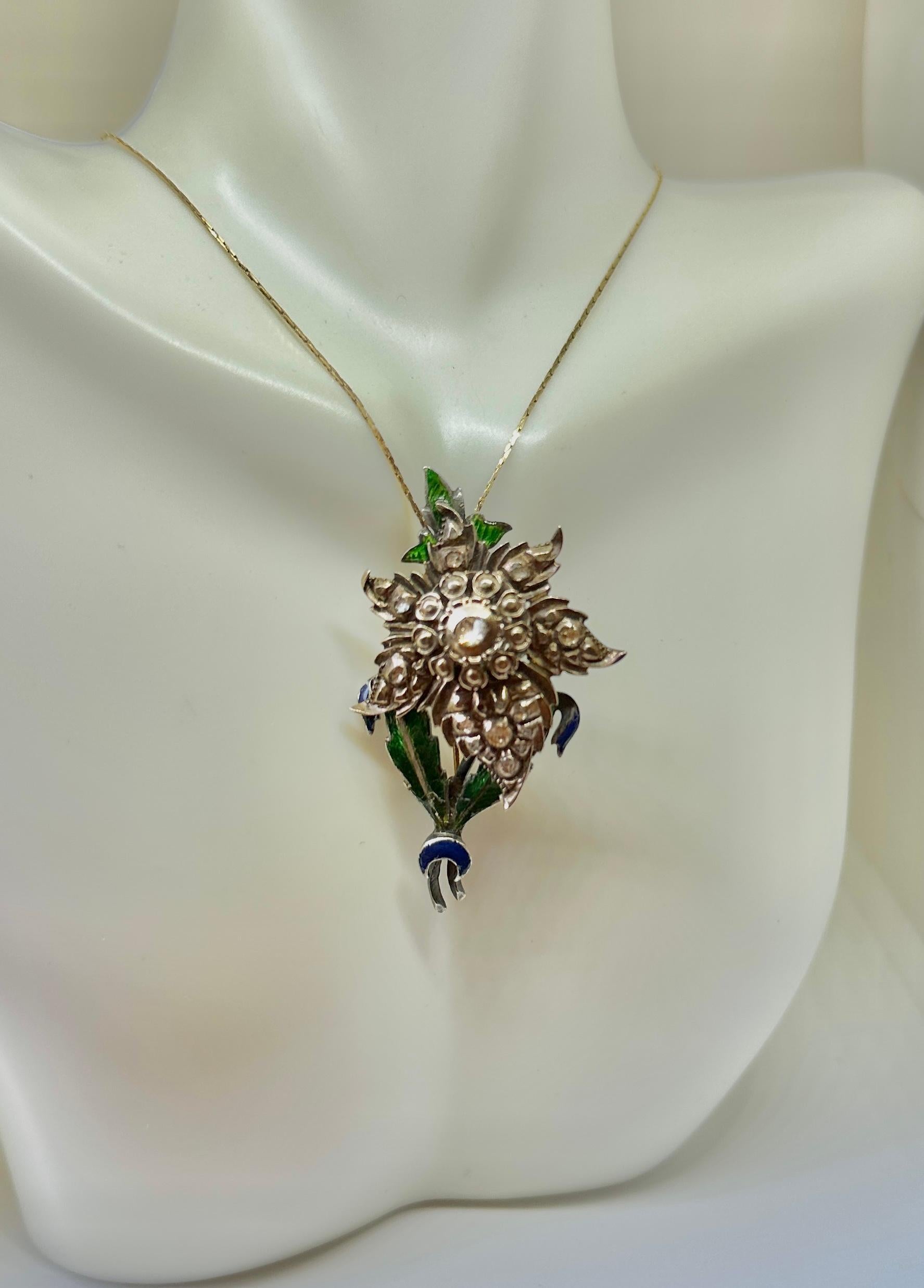 Rare Georgian Rose Cut Diamond Enamel Flower Pendant Silver And Gold Necklace For Sale 3