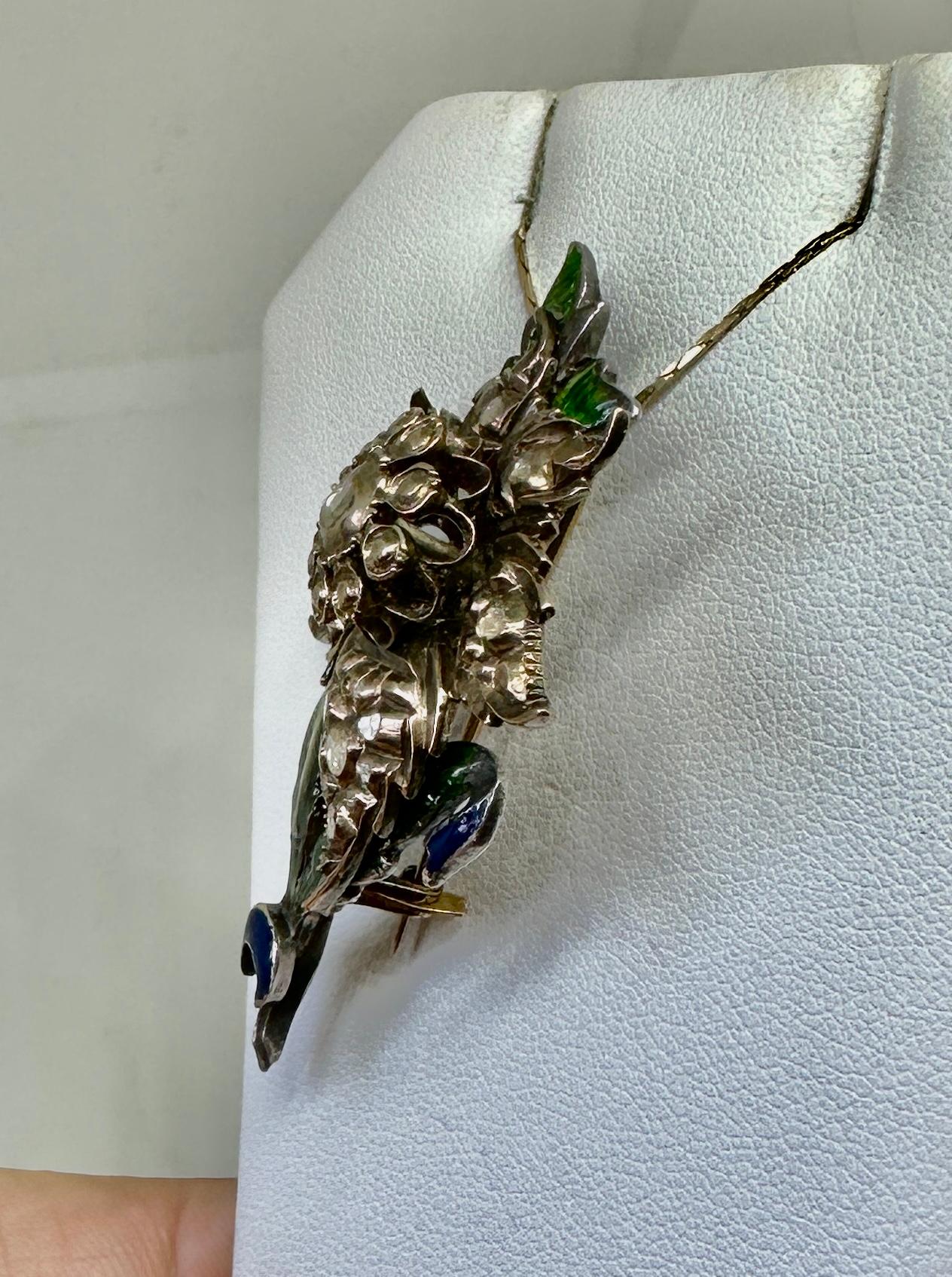 Rare Georgian Rose Cut Diamond Enamel Flower Pendant Silver And Gold Necklace For Sale 4