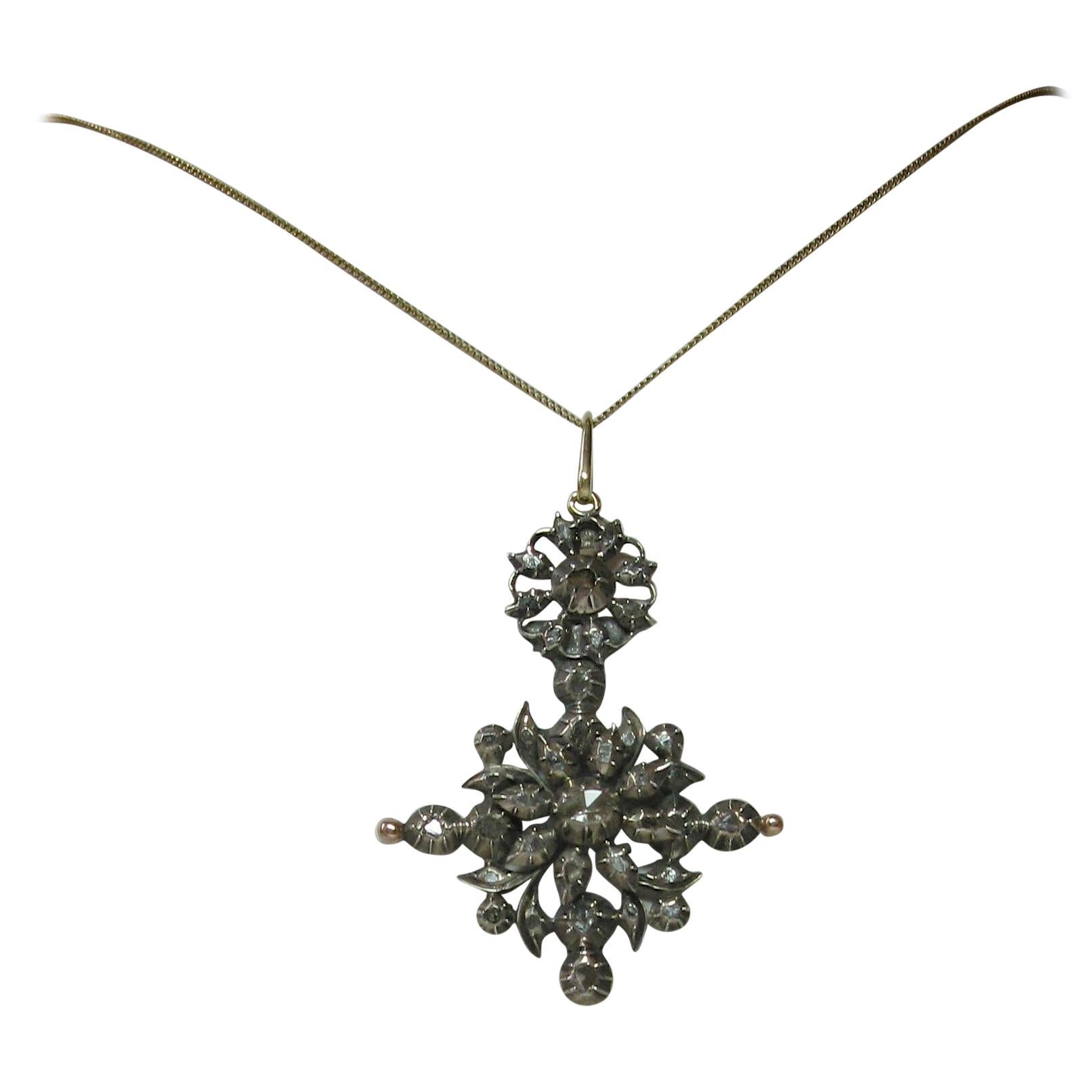 Rare Georgian Rose Cut Diamond Pendant circa 1700 14 Karat Gold Dutch Necklace For Sale