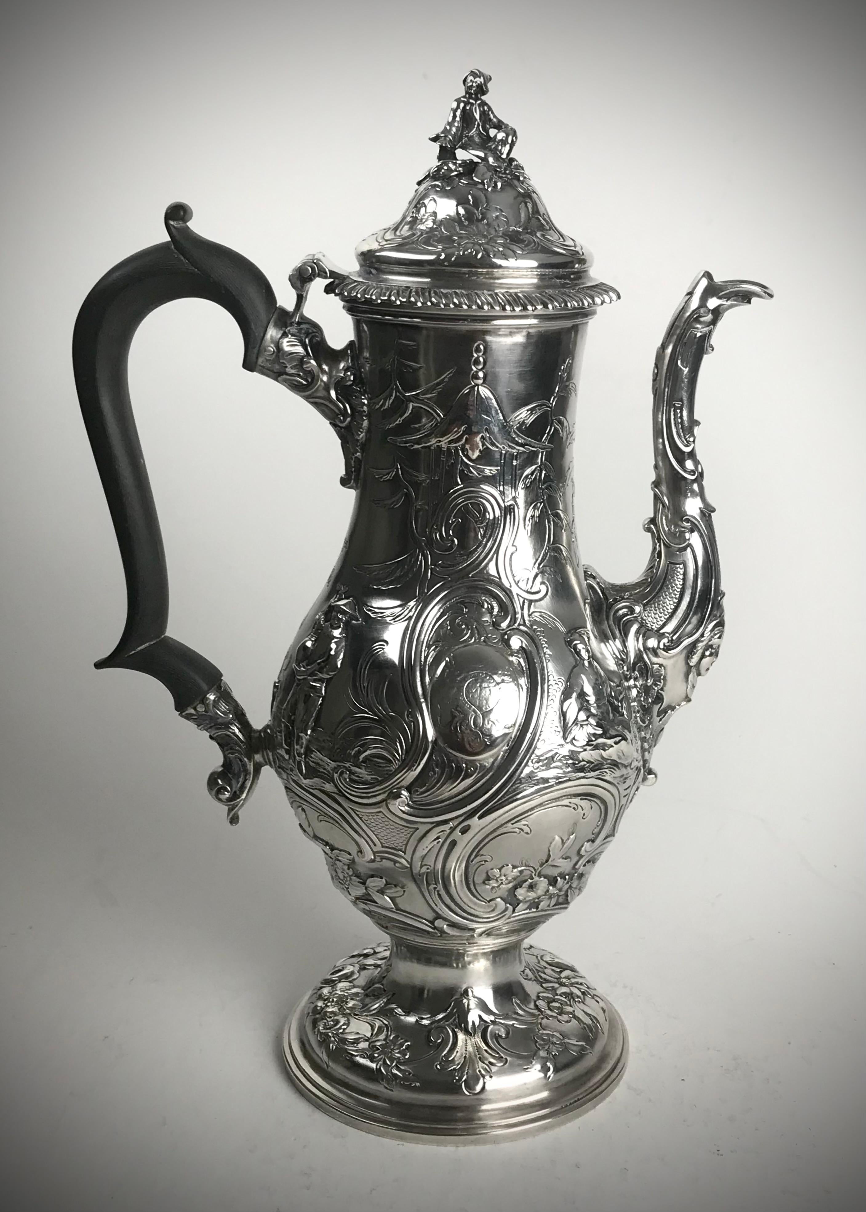 Hand-Crafted Rare Georgian Solid Silver Sterling Coffee Pot London 1762 Francis Crump Chinois