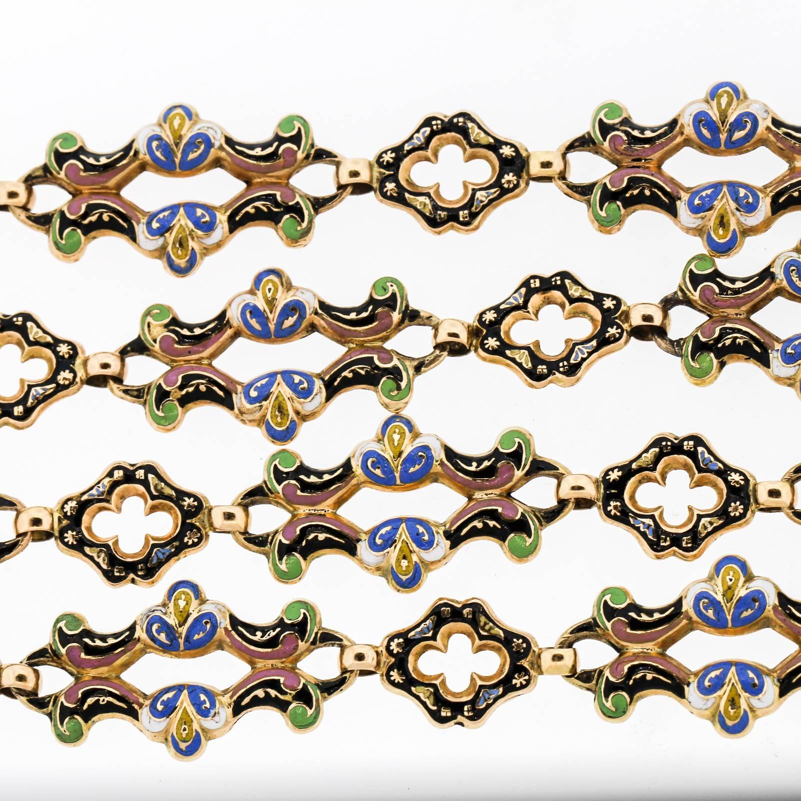 Women's or Men's Rare Georgian Swiss Enamel Gold Long Chain