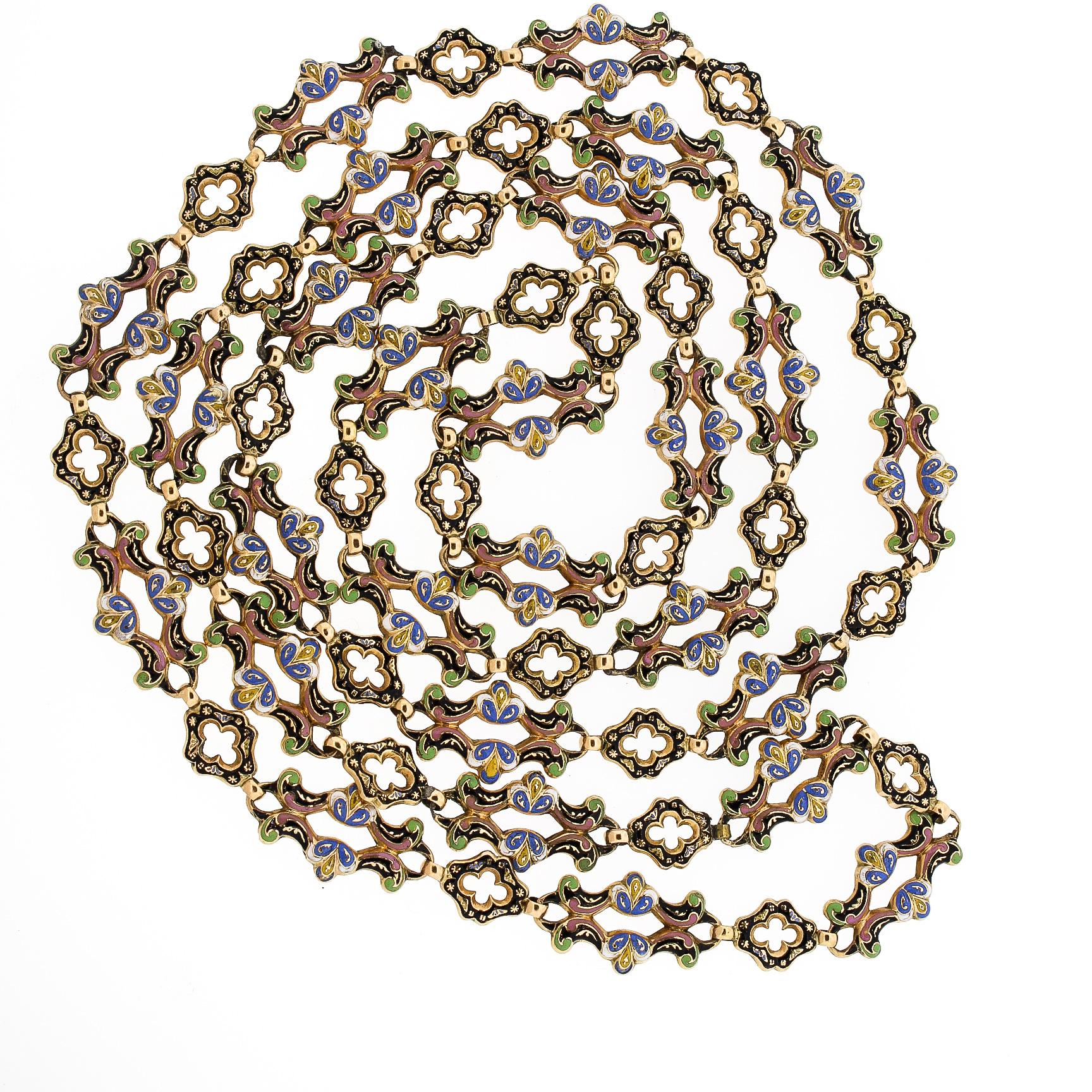 Rare Georgian Swiss Enamel Gold Long Chain