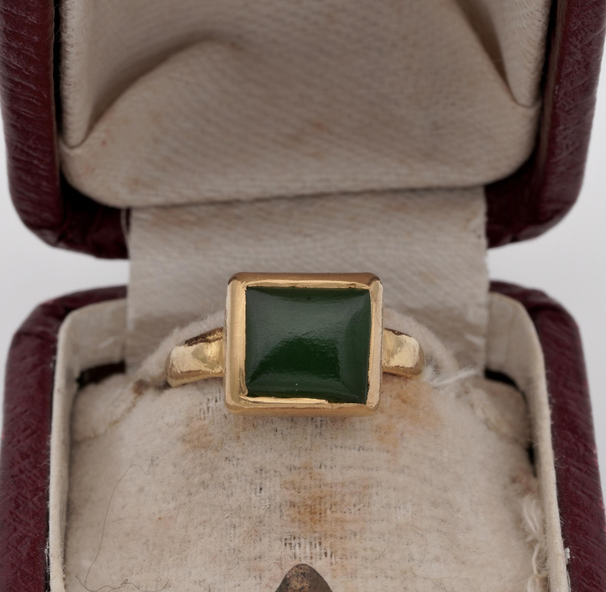 The Rarity Corner

Beautiful antique ring suitable for either sex Georgian / Victorian period hand crafted of 22/24 KT solid gold
Beautifully made as solitaire holding a Green Natural Jade as main stone – close back setting
Substantial mounting,