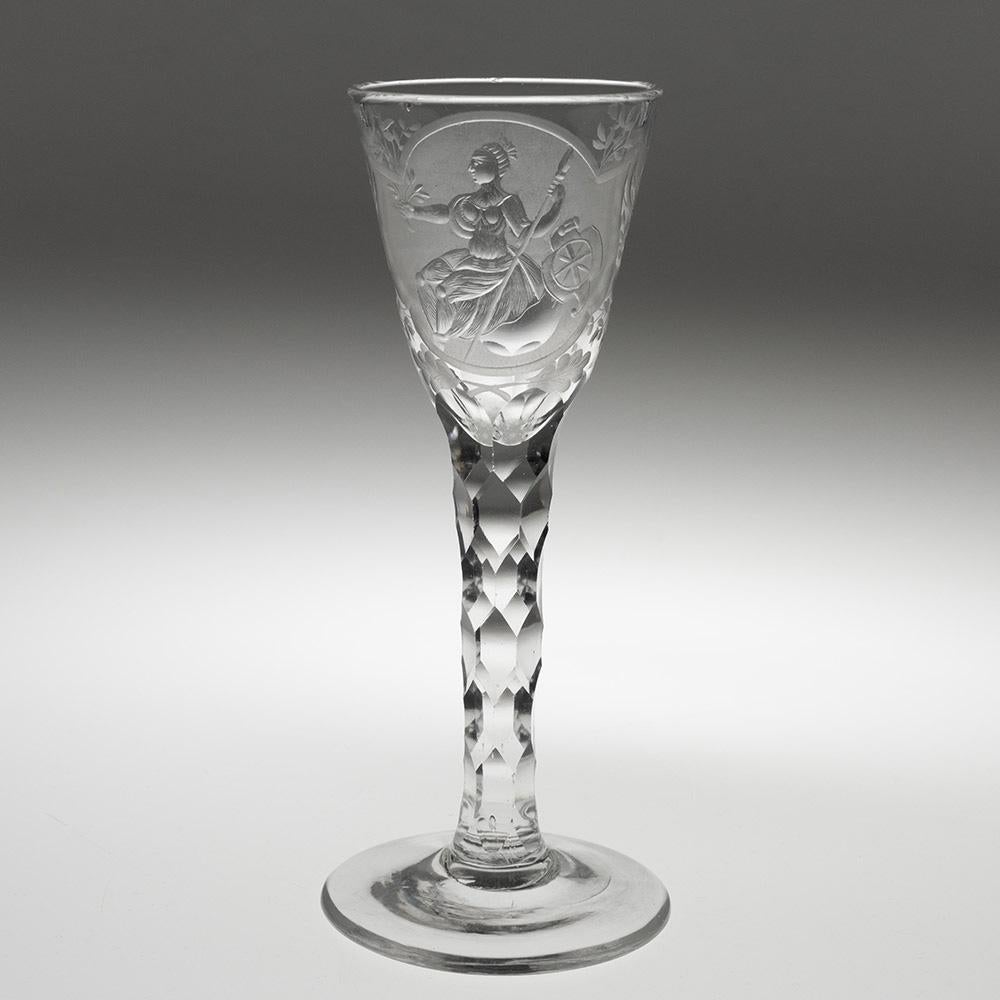 George III Rare Georgian Wine Glass with Britannia Engraving c1780 For Sale