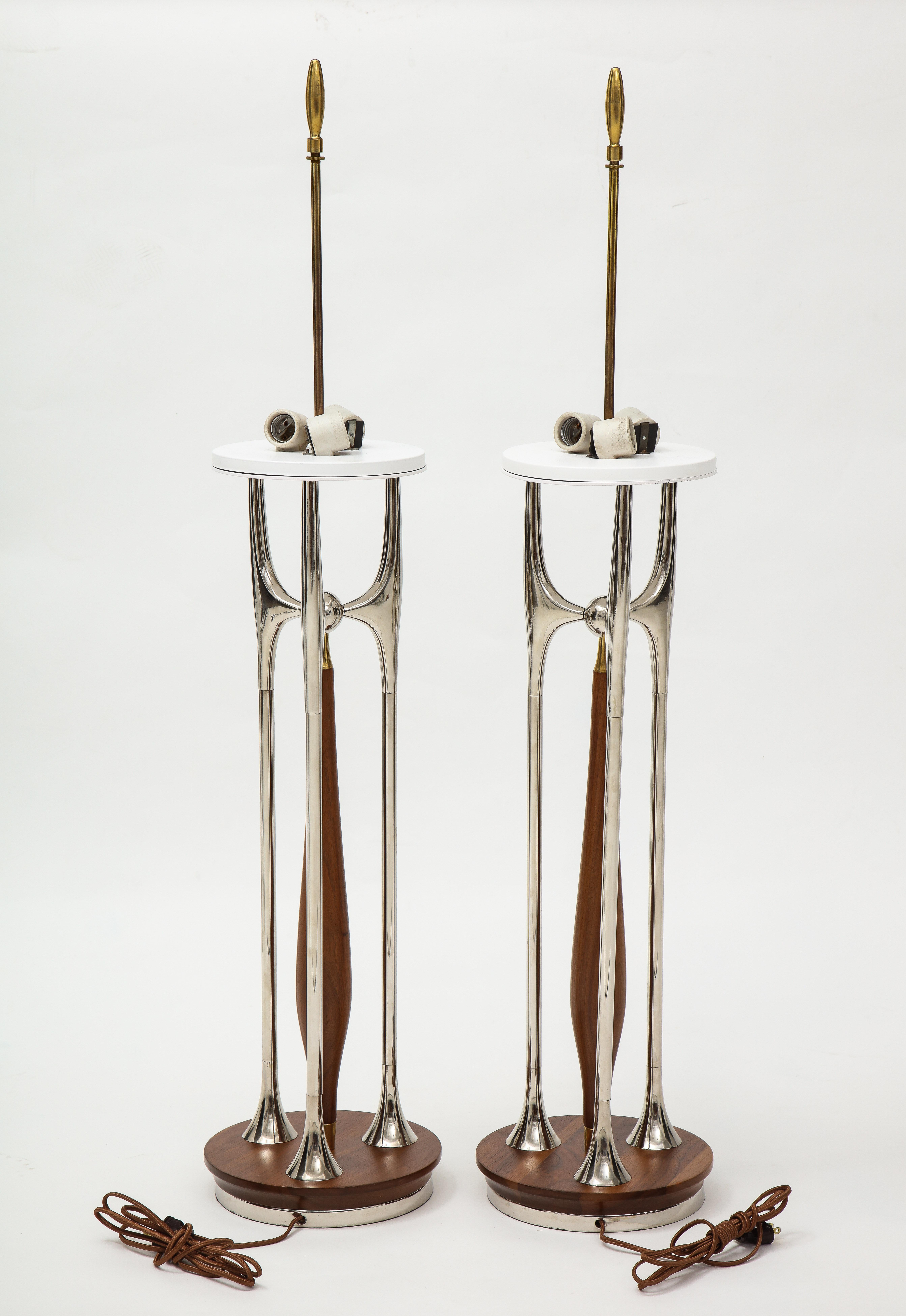 Rare Gerald Thurston Massive Brass Walnut and Nickel Table Lamps 4