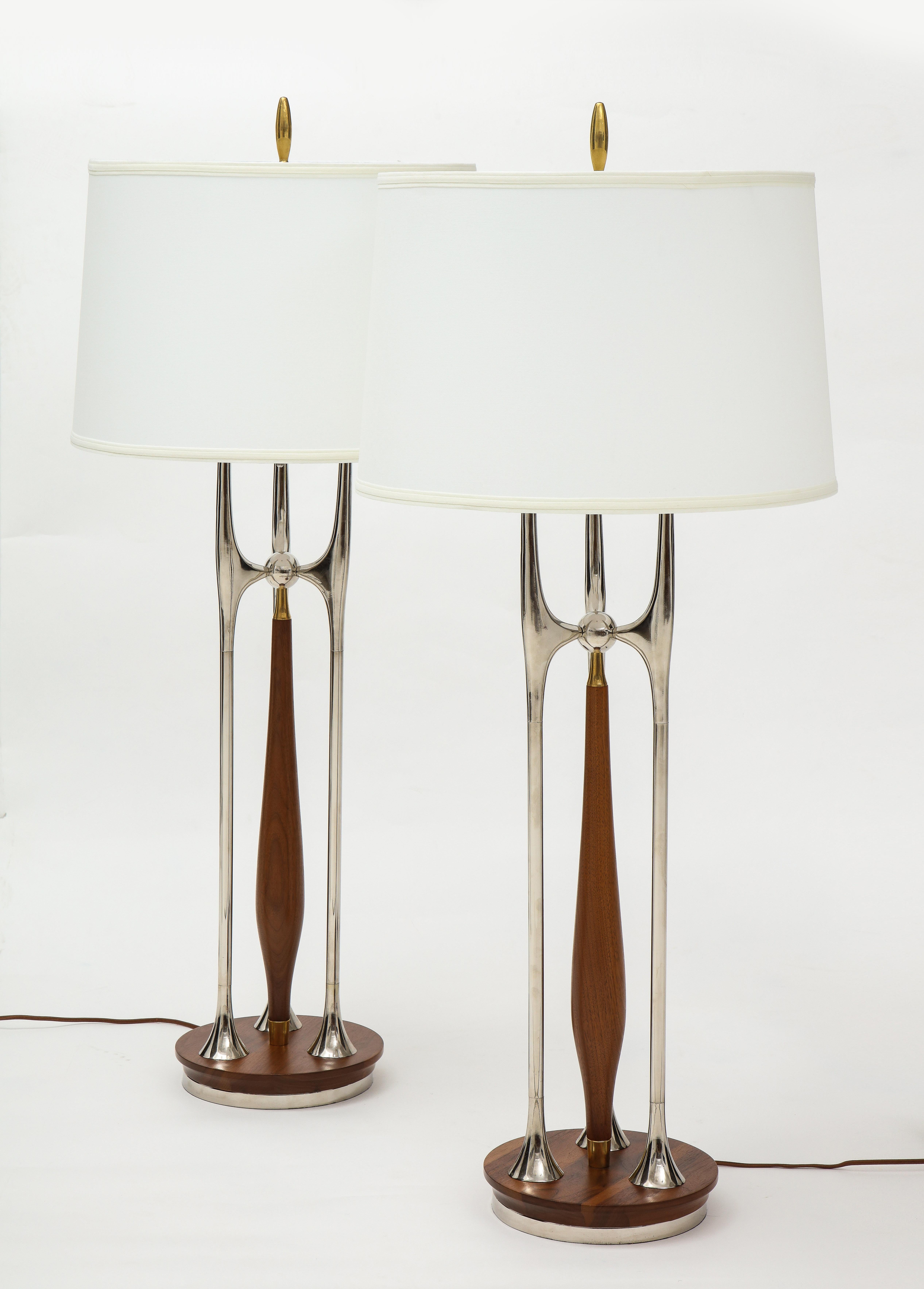 Rare Gerald Thurston Massive Brass Walnut and Nickel Table Lamps 9
