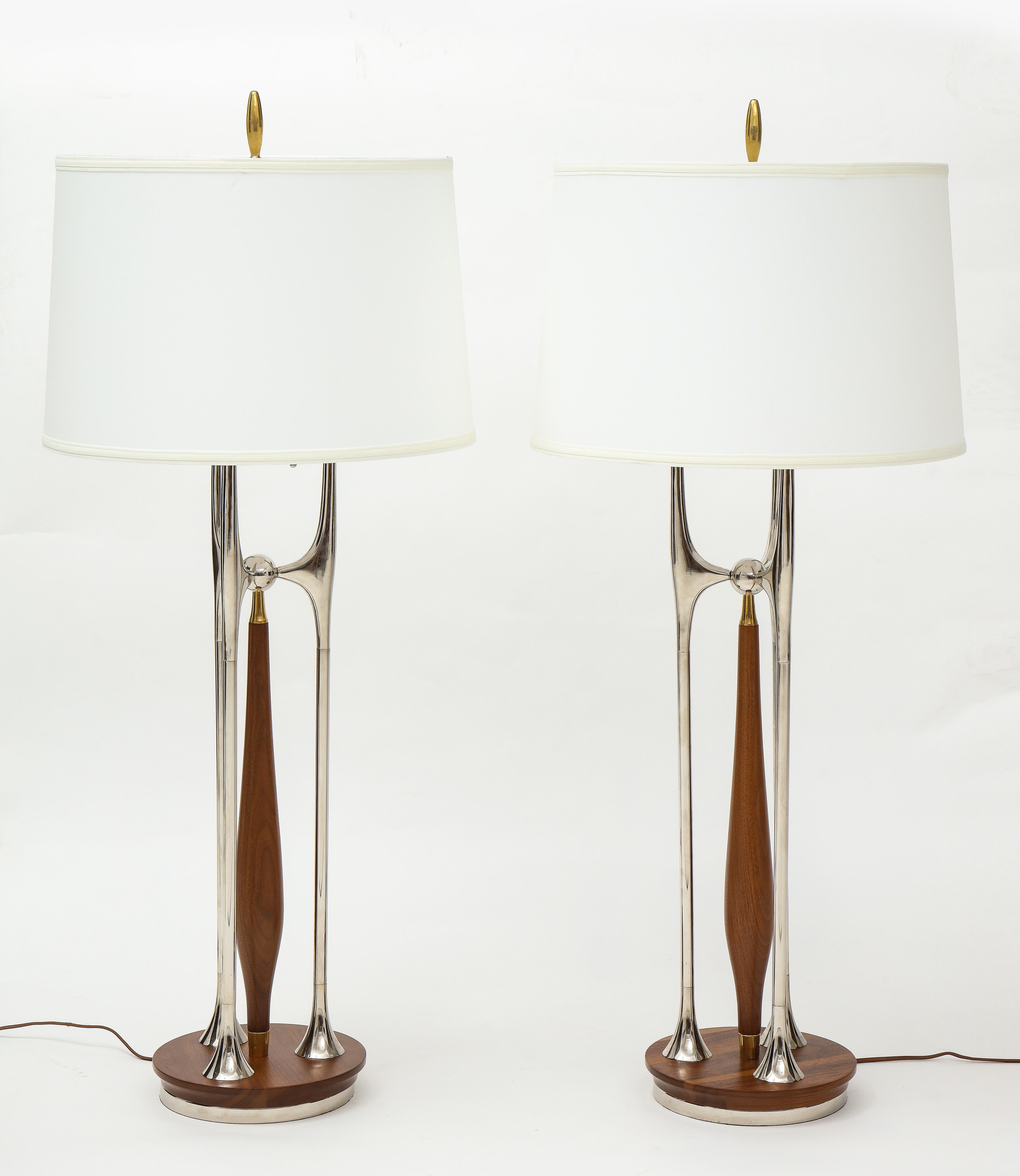 Mid-20th Century Rare Gerald Thurston Massive Brass Walnut and Nickel Table Lamps