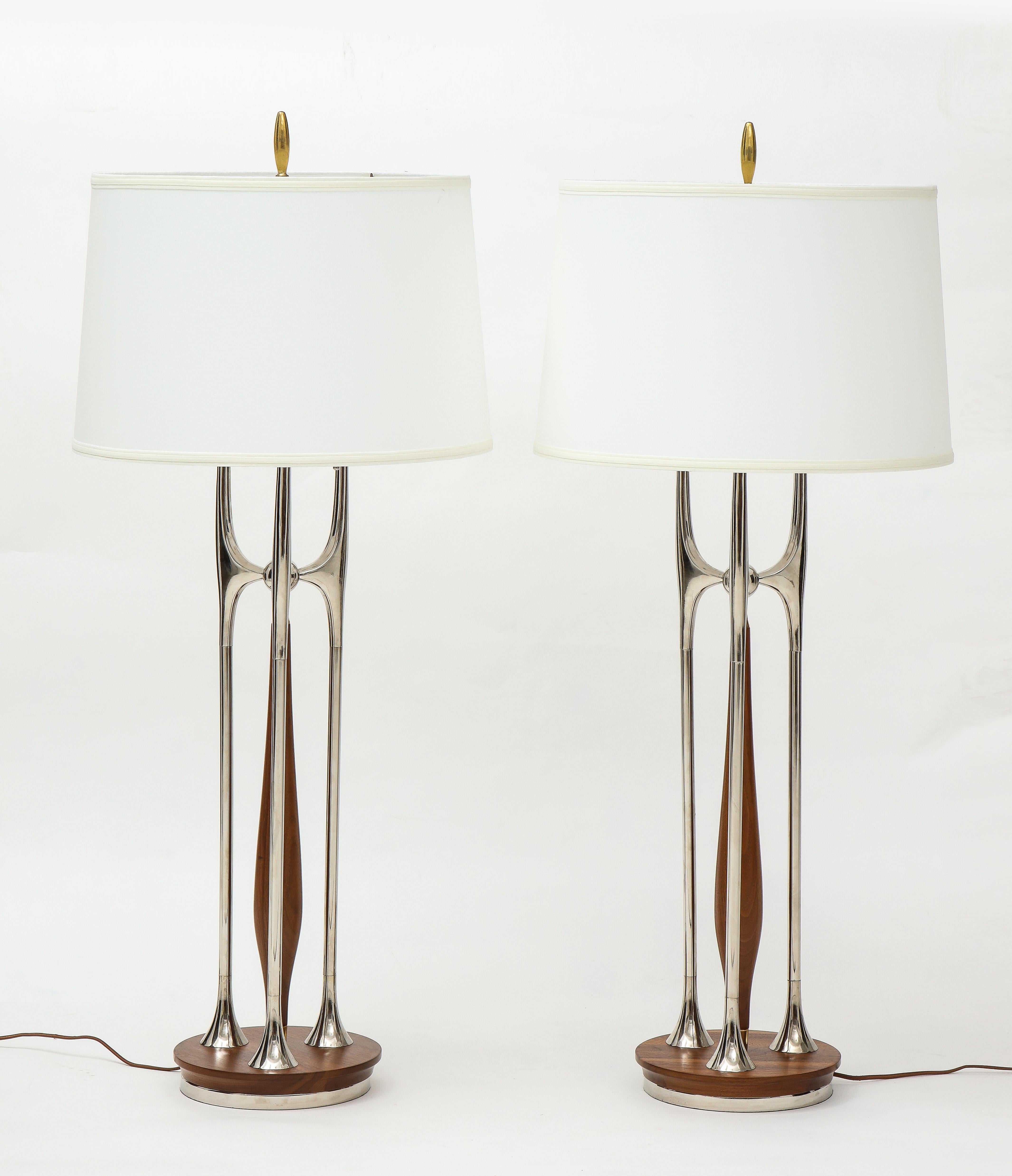 Rare Gerald Thurston Massive Brass Walnut and Nickel Table Lamps 2