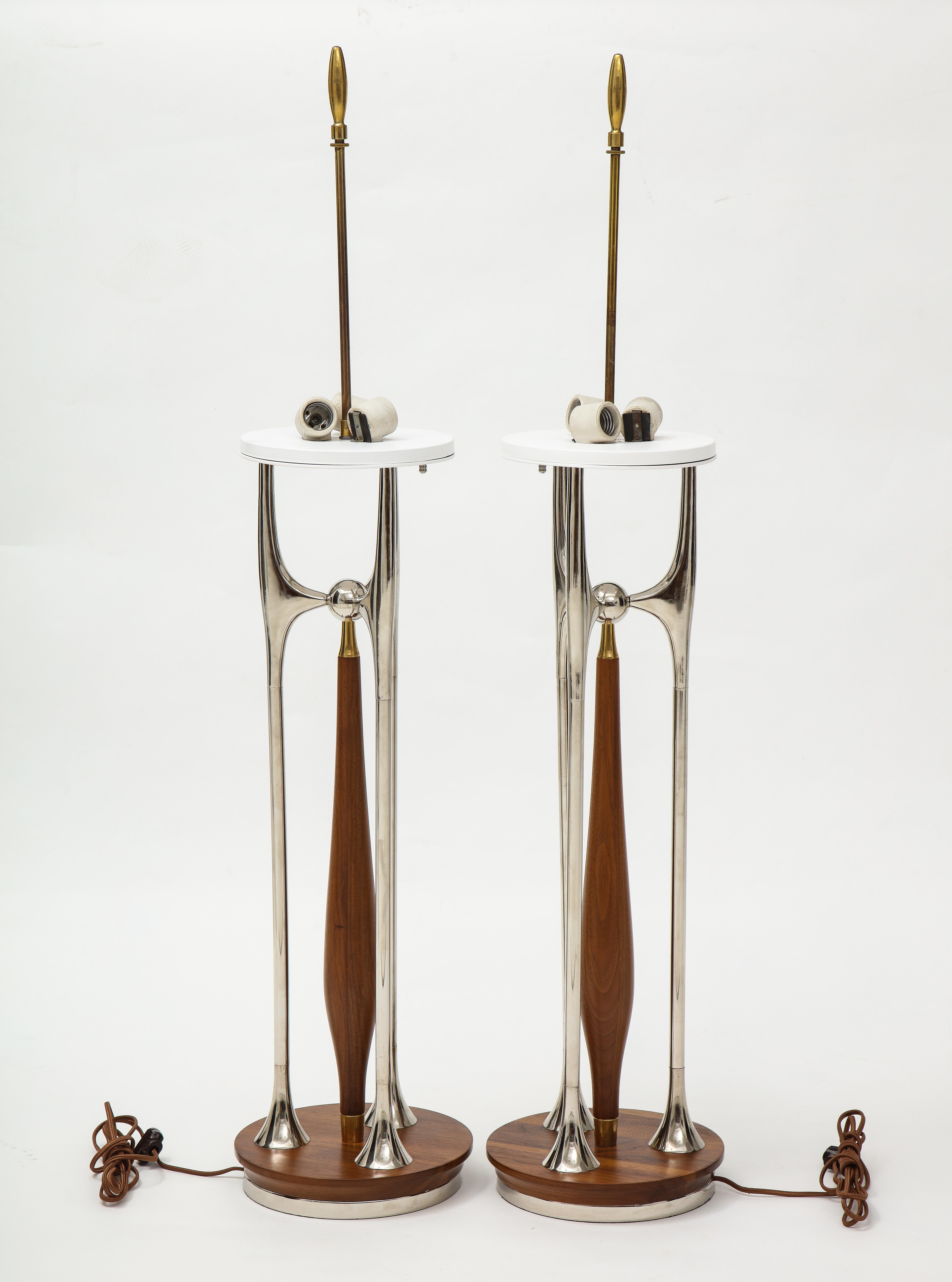 Rare Gerald Thurston Massive Brass Walnut and Nickel Table Lamps 3