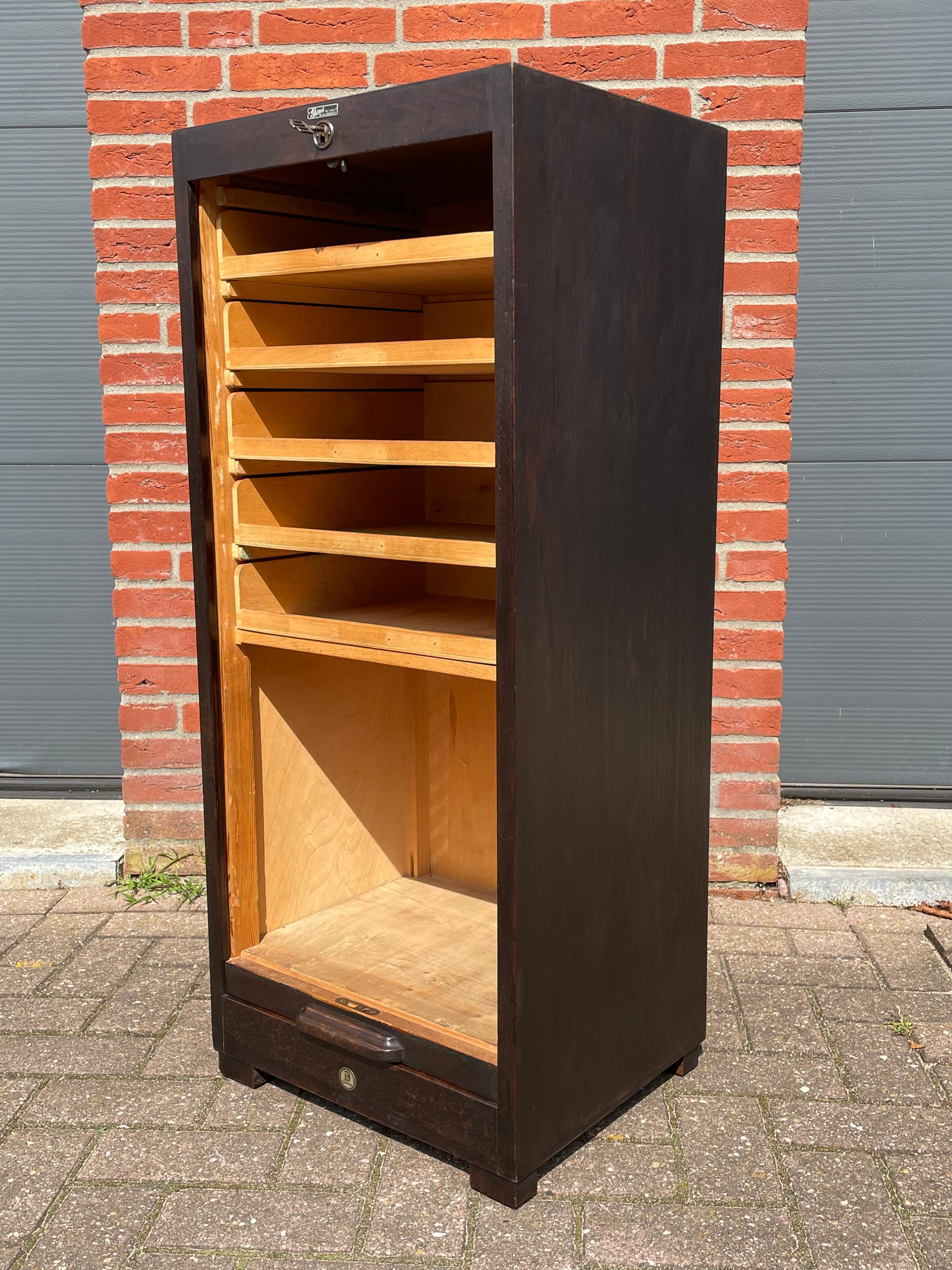 Metal Rare German Art Deco Filing Cabinet w. Perfect Roller Door, Five Drawers & Shelf For Sale