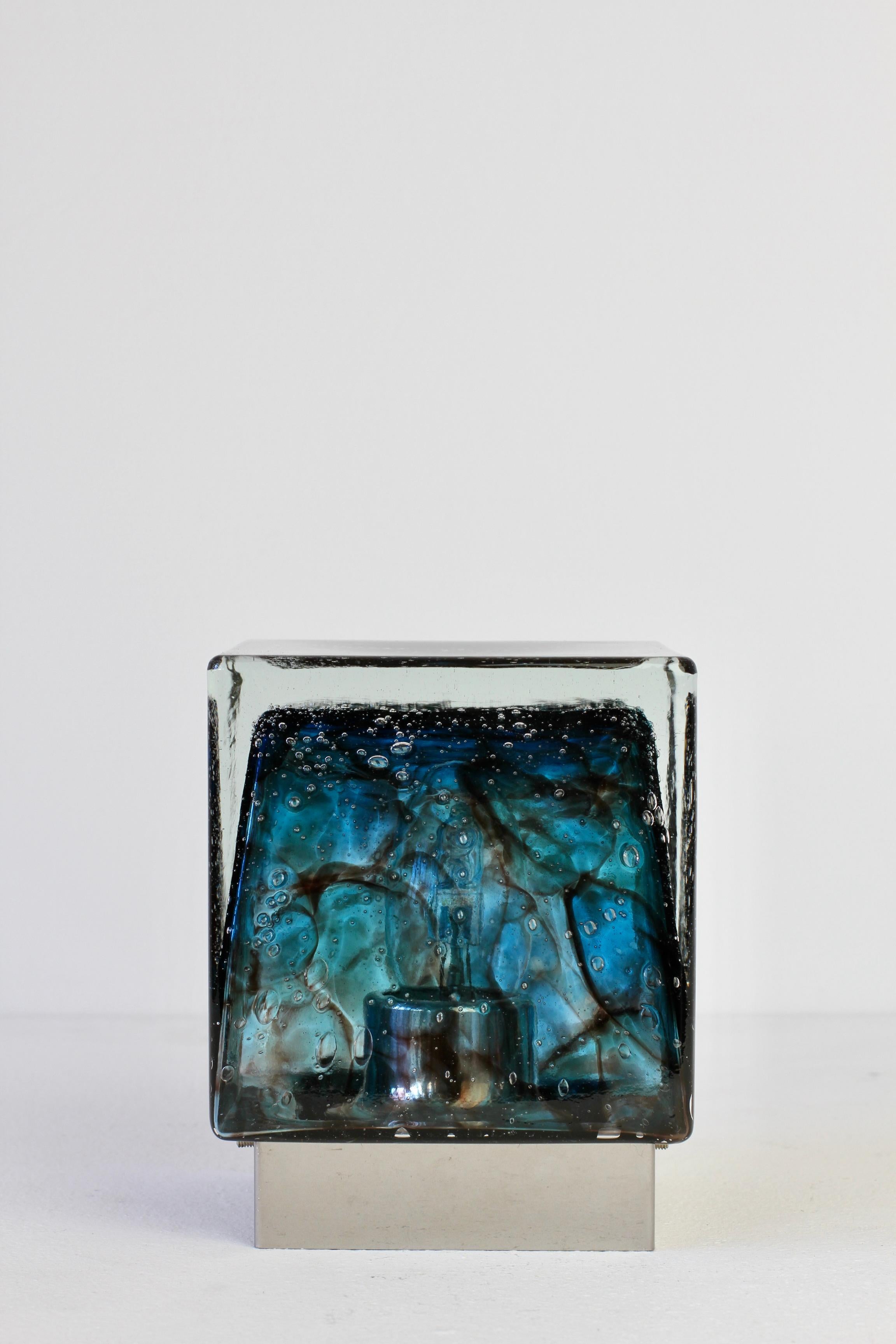 Plated Rare German Mid-Century Blue Bubble 'Efeso' Glass Flush Mount Light, circa 1970 For Sale