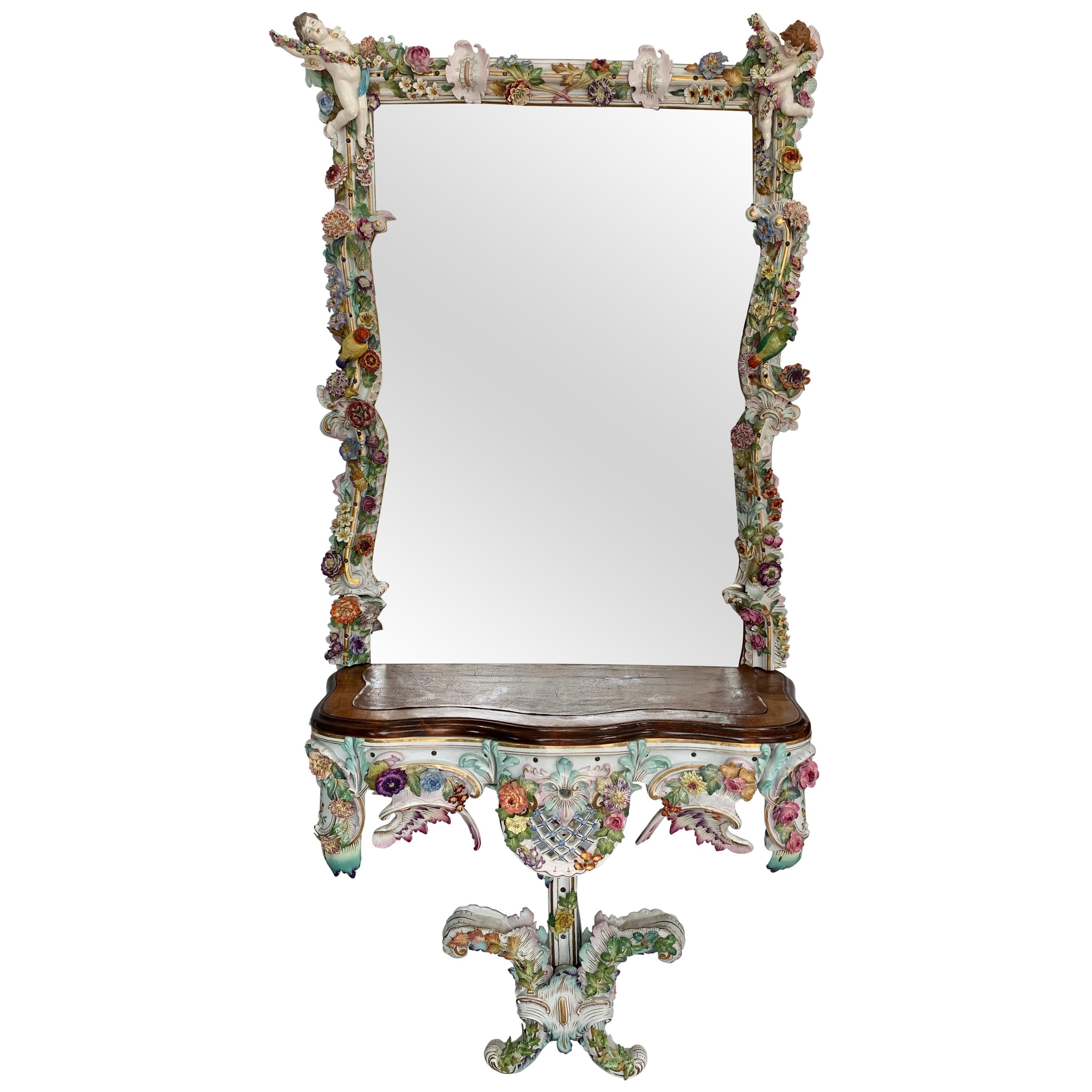 Rare Antique German Porcelain Console and Mirror For Sale