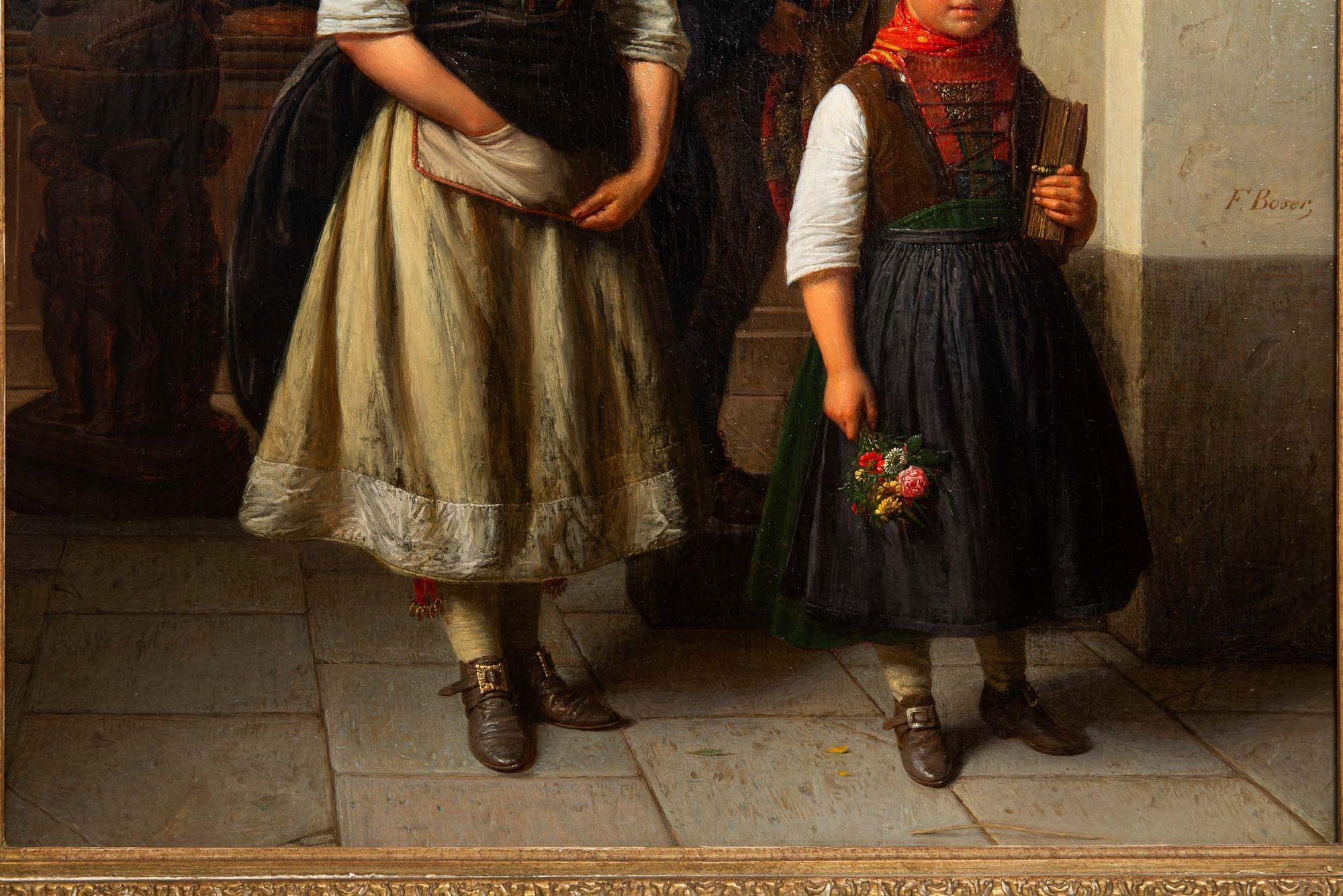 19th Century Rare German Romantic Painting of “Siblings After Church” by Karl Boser ca. 1860 For Sale