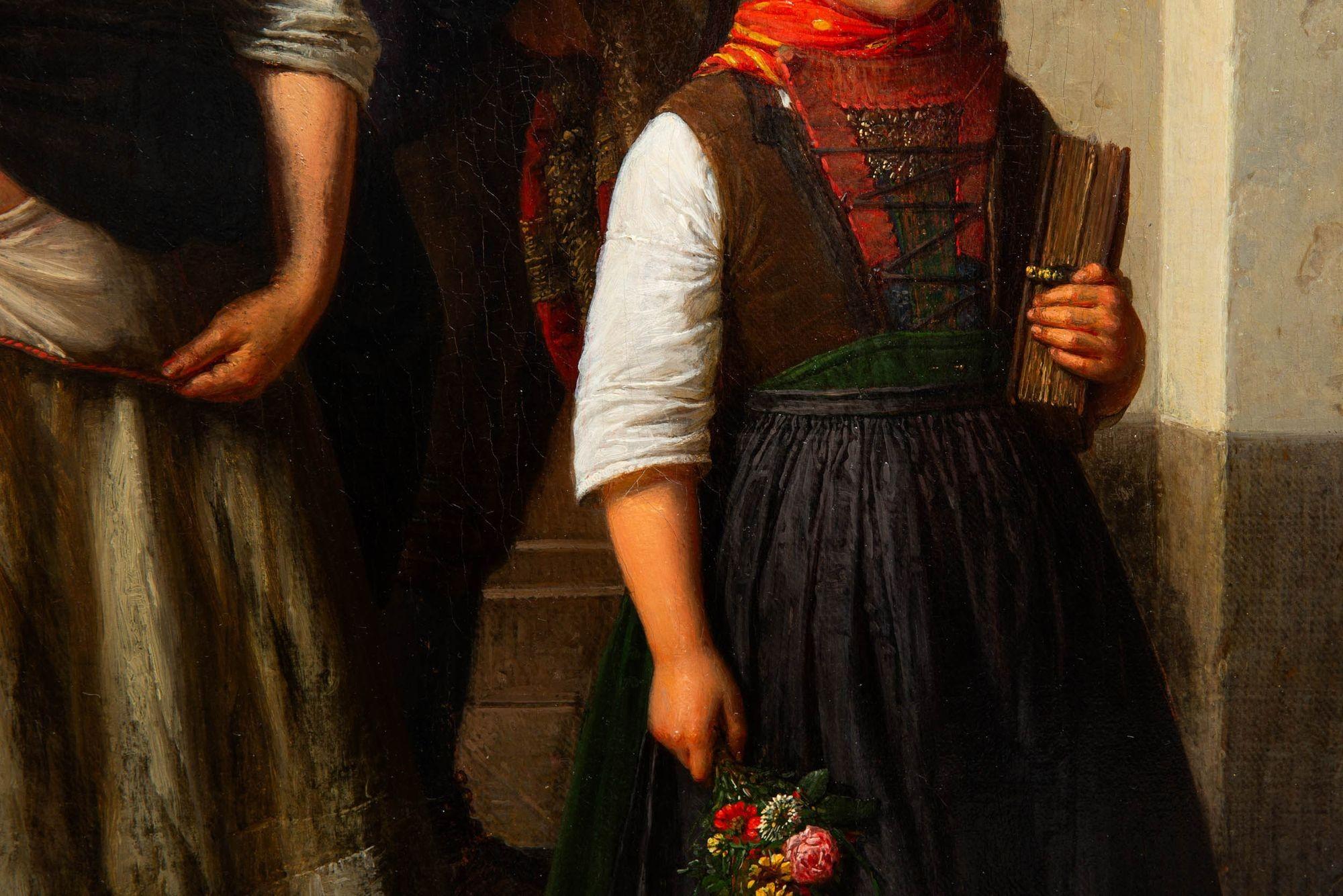 Rare German Romantic Painting of “Siblings After Church” by Karl Boser ca. 1860 For Sale 3
