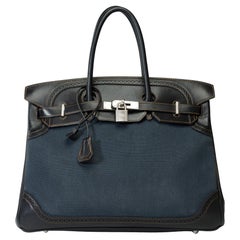 Rare Ghillies Hermes Birkin 35 handbag in Navy Blue Canvas & leather, BSHW