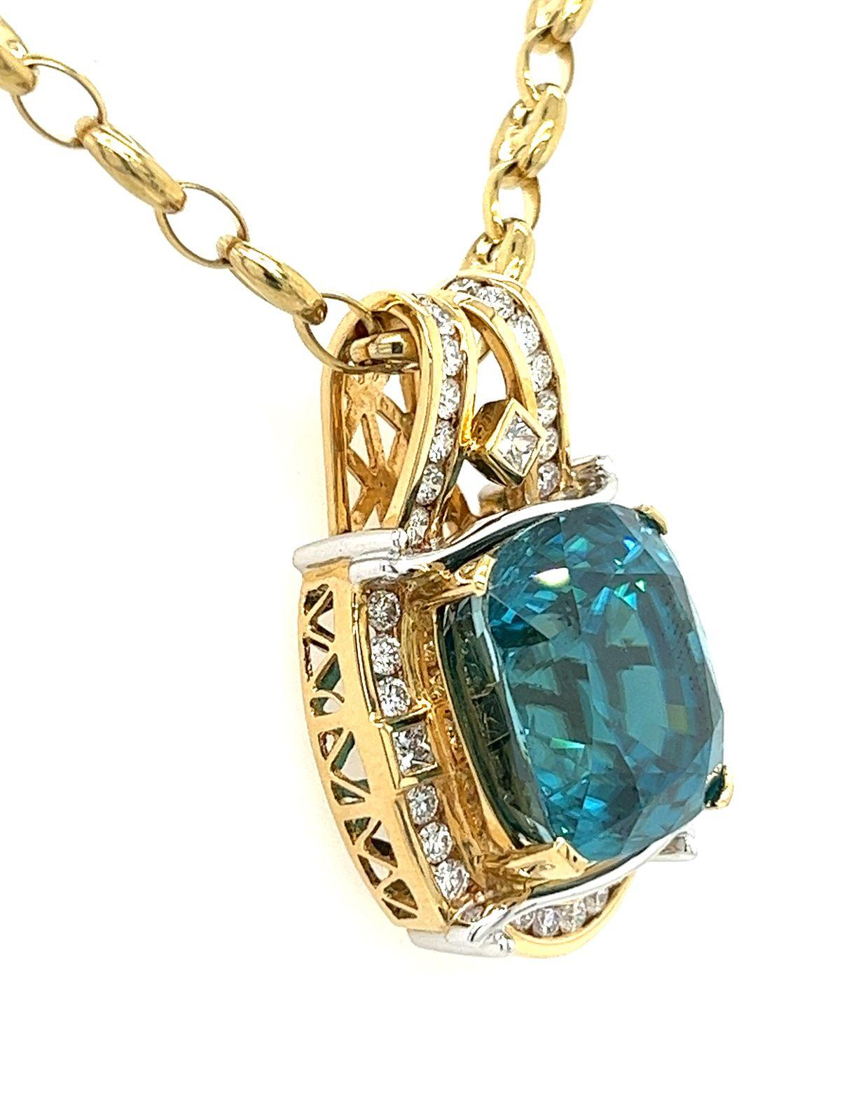 Art Deco Rare GIA Certified 50 Carat Greenish Blue Zircon Pendant In 18K and Platinum For Sale