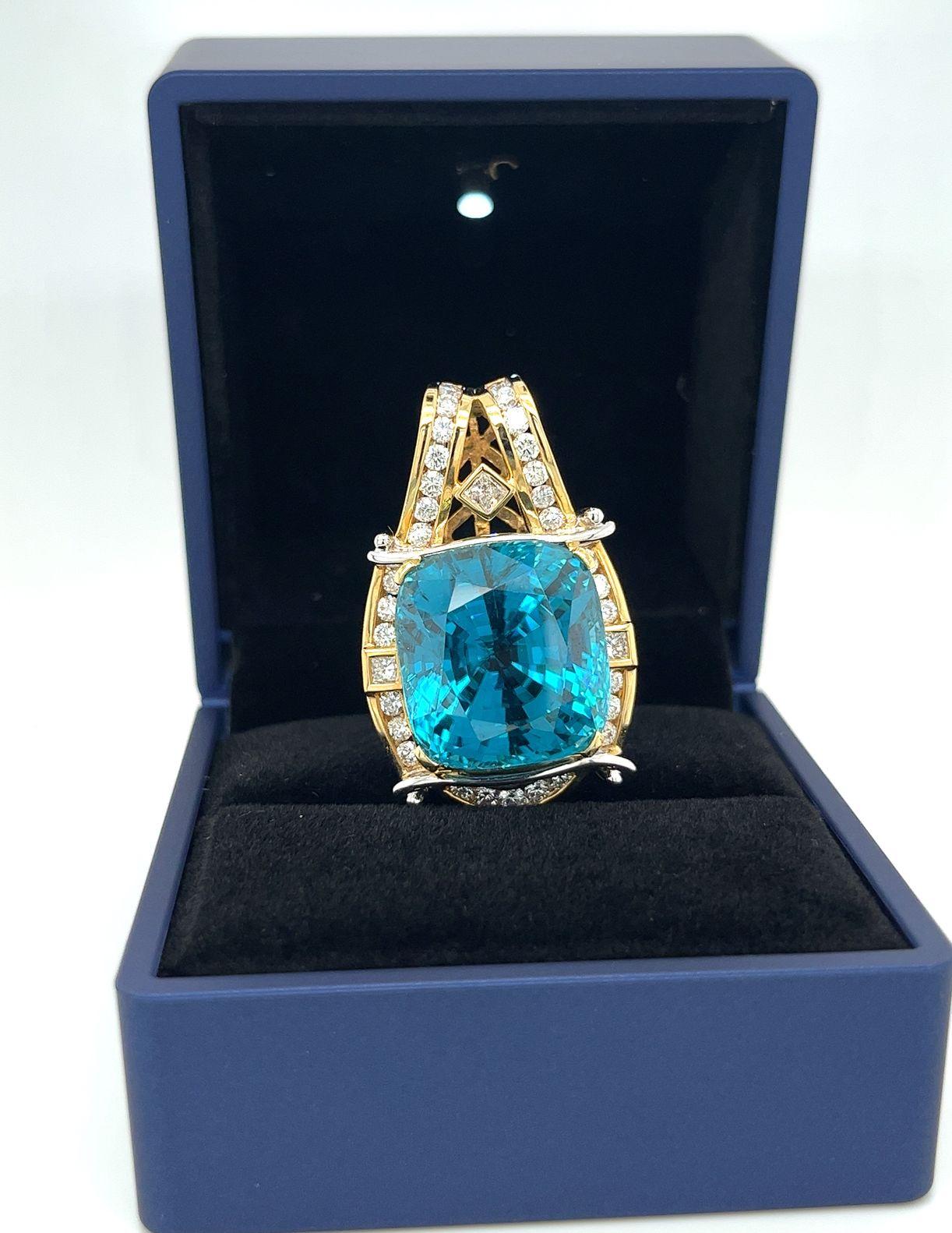 Rare GIA Certified 50 Carat Greenish Blue Zircon Pendant In 18K and Platinum In New Condition For Sale In Miami, FL