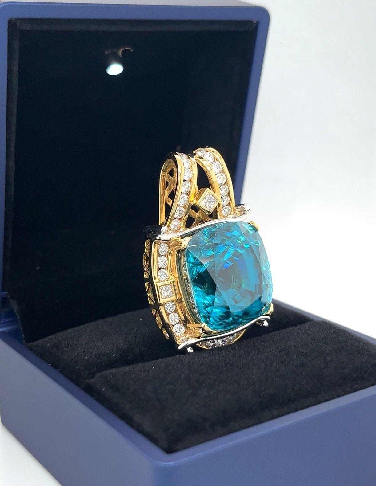 Women's Rare GIA Certified 50 Carat Greenish Blue Zircon Pendant In 18K and Platinum For Sale