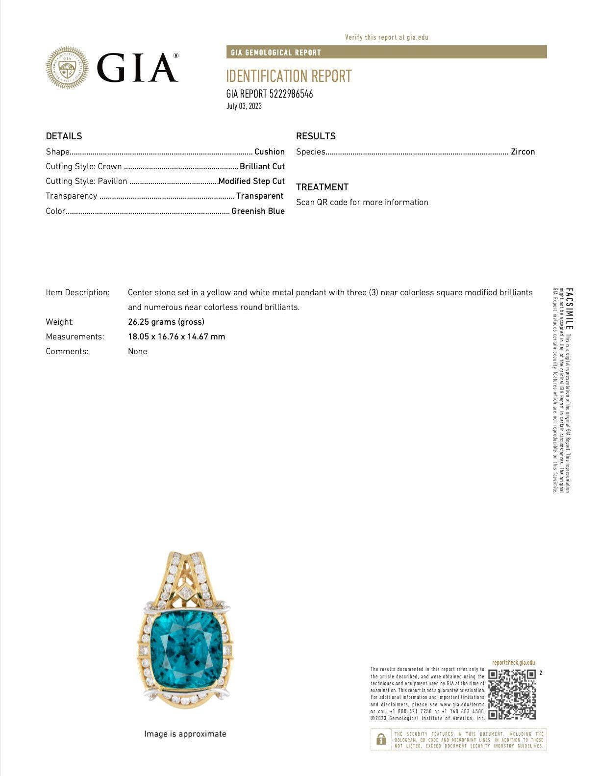 Rare GIA Certified 50 Carat Greenish Blue Zircon Pendant In 18K and Platinum For Sale 2