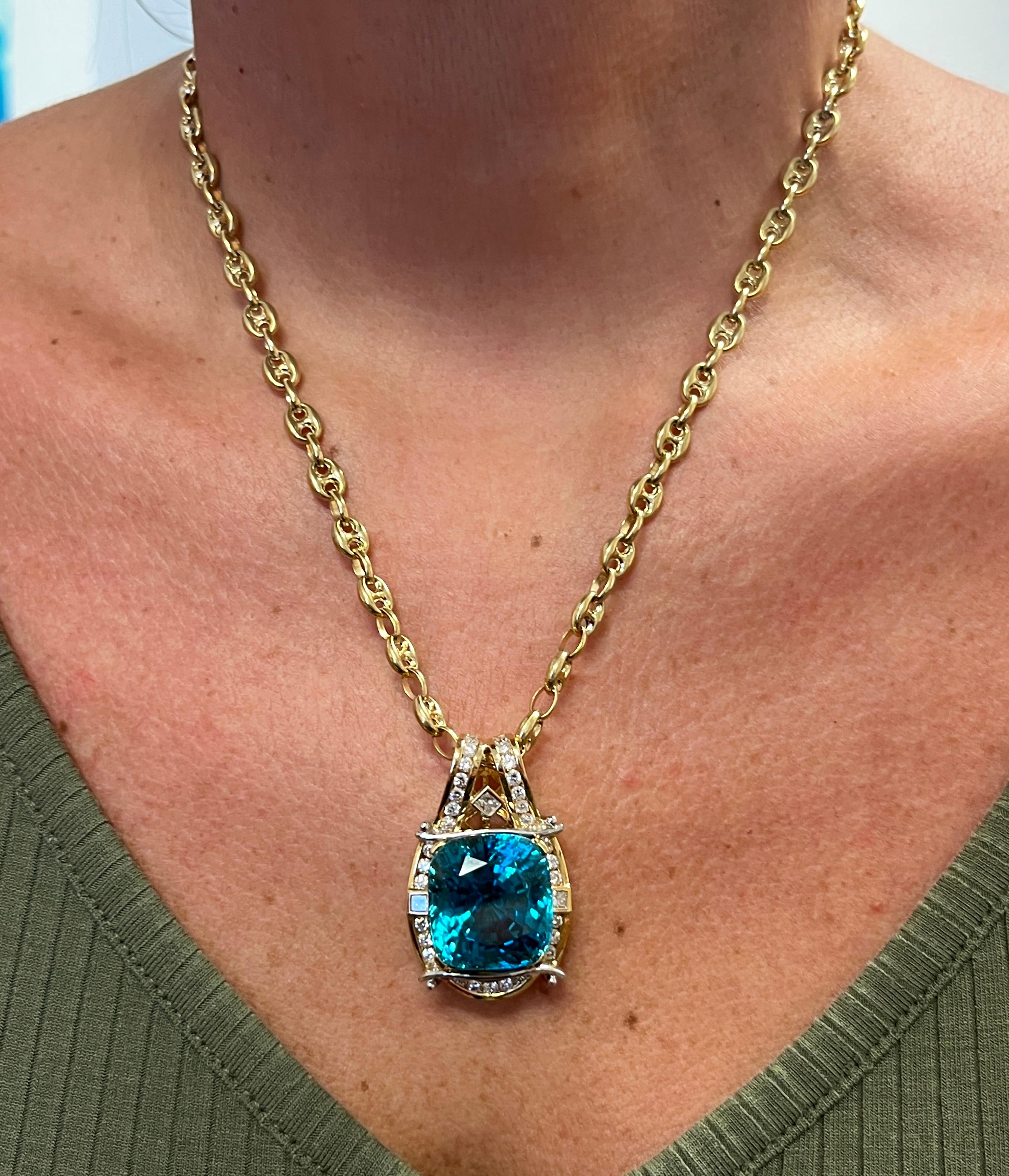 Rare GIA Certified 50 Carat Greenish Blue Zircon Pendant In 18K and Platinum For Sale 3