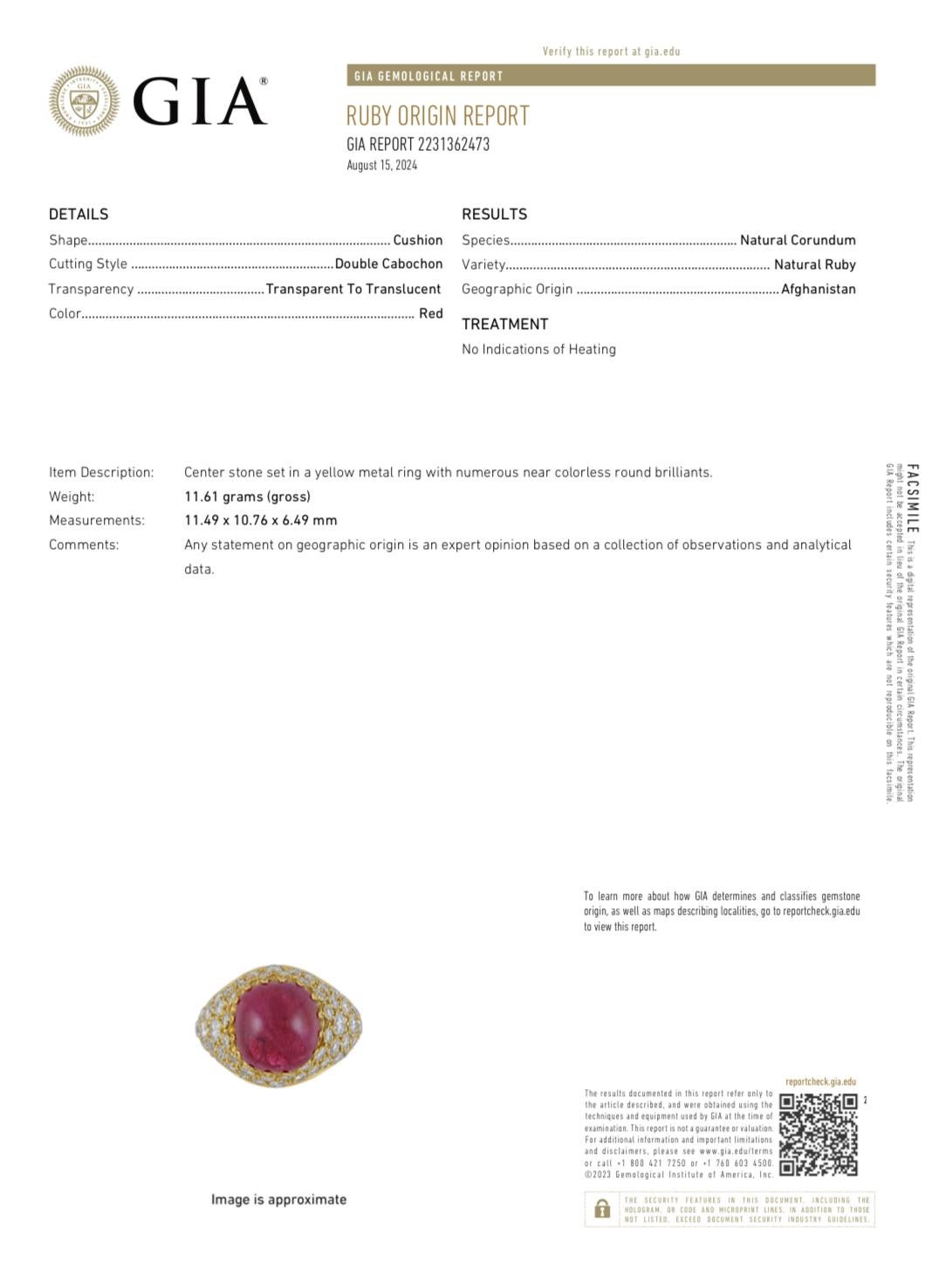 Rare GIA Certified 7.91 No Heat Afghanistan Ruby 18K Pave Diamond Ring For Sale 1