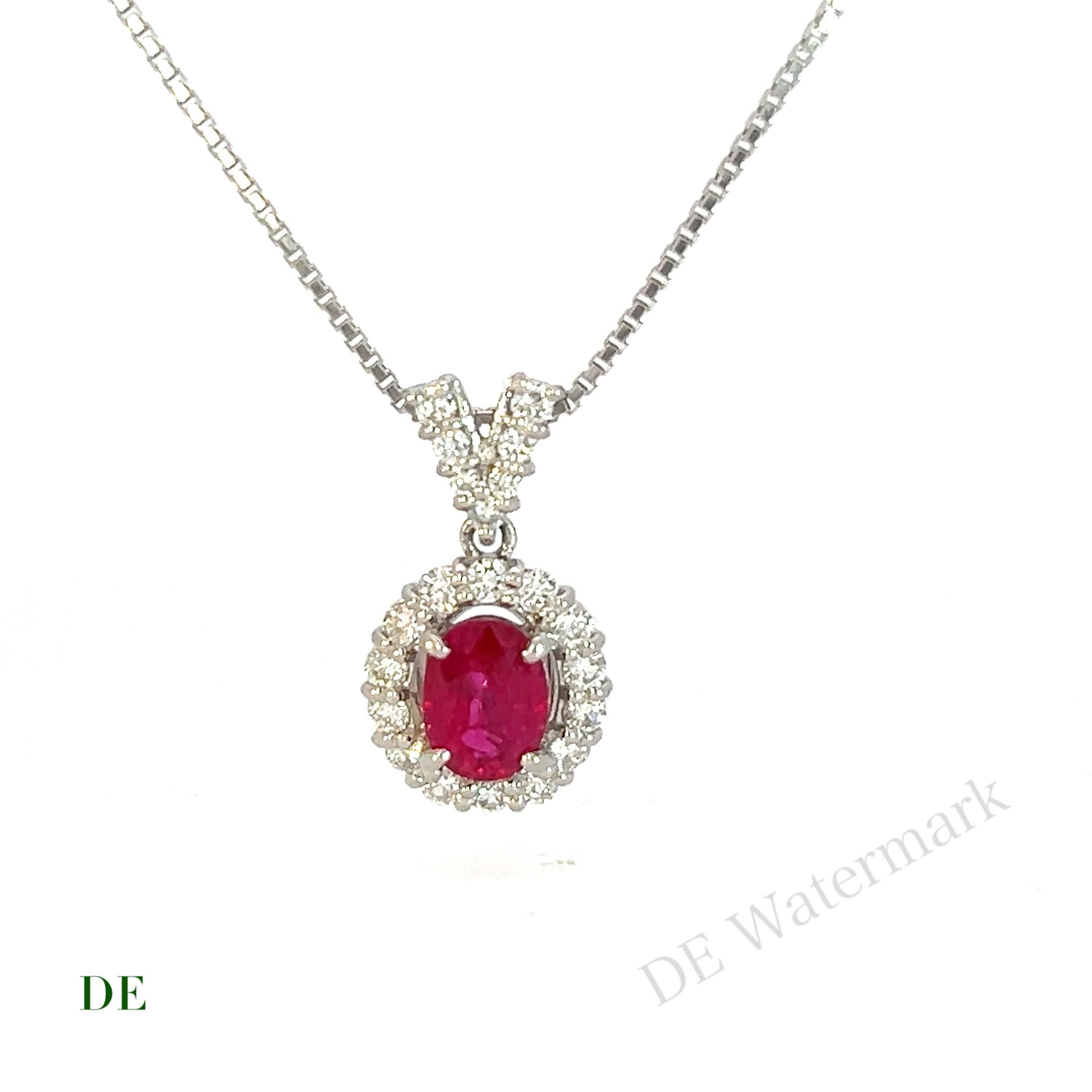 Rare GIA Platinum gold .94 crt Vivid Red Ruby Burmese .4 crt Diamond Necklace

Introducing our Rare GIA Platinum and Gold Vivid Red Ruby Burmese Diamond Necklace, a truly exquisite piece that combines the intense beauty of a .94 carat vivid red