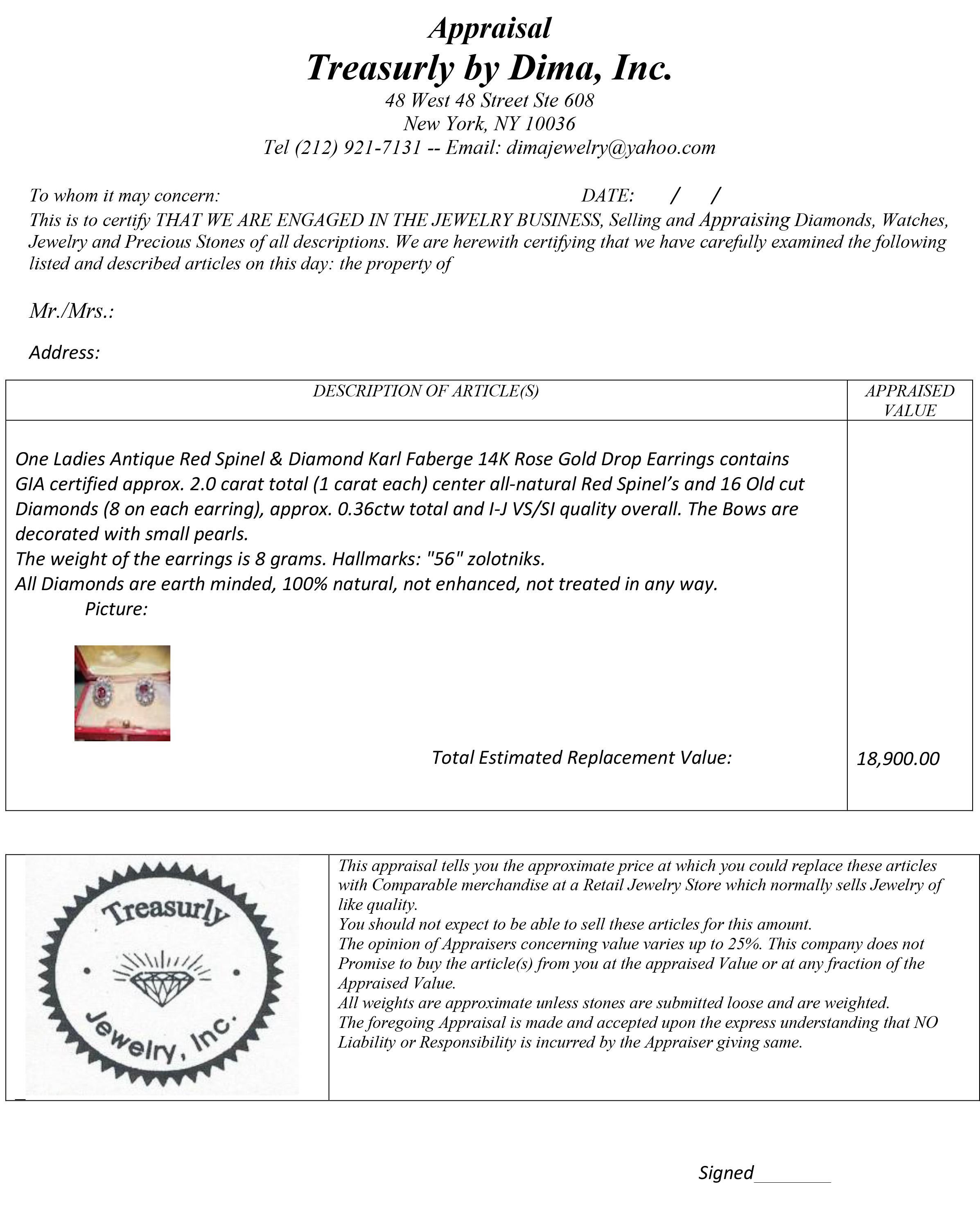 Rari orecchini a goccia con diamante e spinello rosso GIA IMPERIAL RUSSIAN Faberge in oro rosa 14 carati in vendita 1