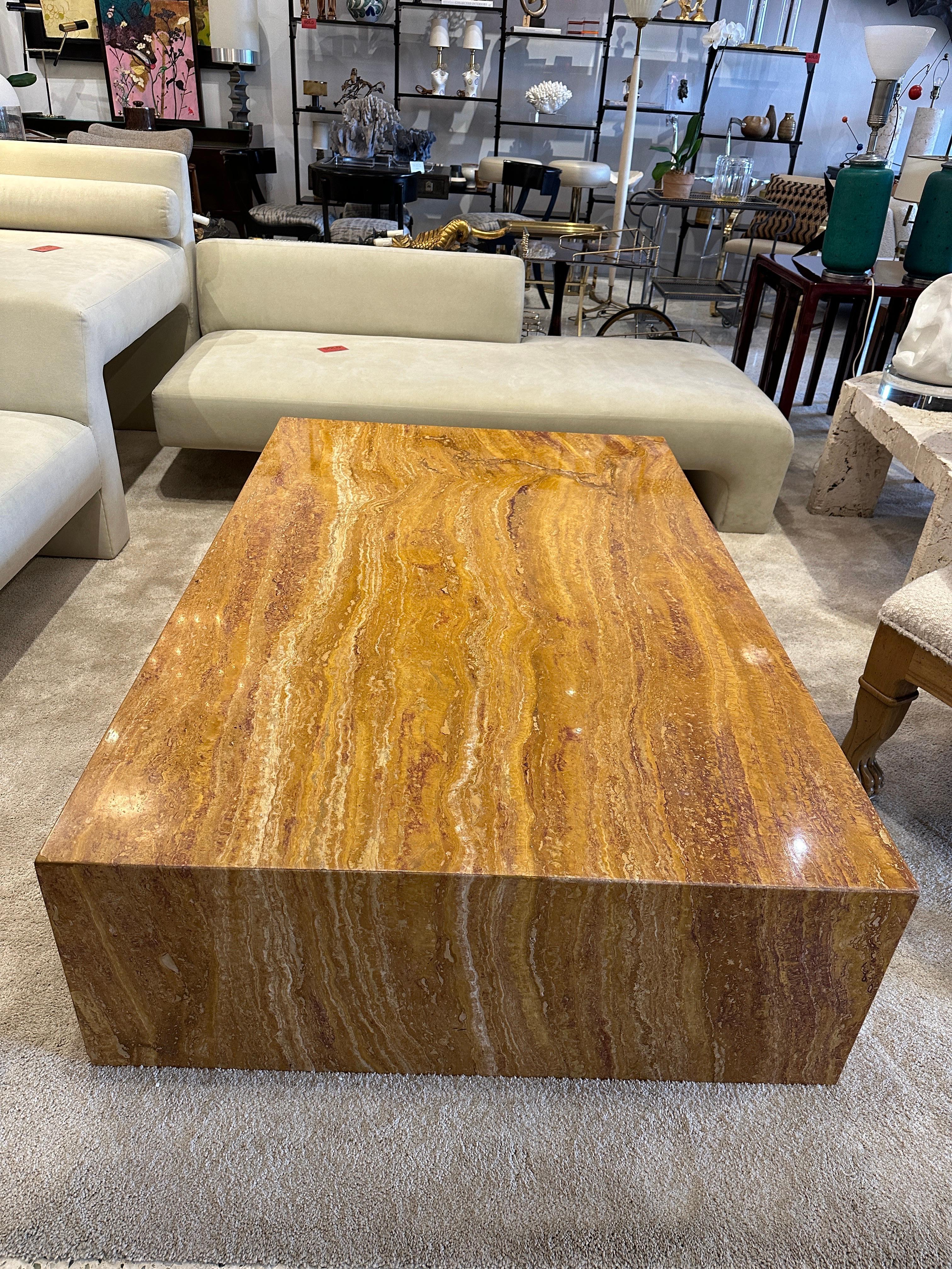 This is an OUTSTANDING oversized waterfall style marble coffee table.  It is solid and in wonderful condition.  Ready to place in your home!

The Marble Giallo Siena is one of the most beautiful, prestigious and detailed marbles that are mined in