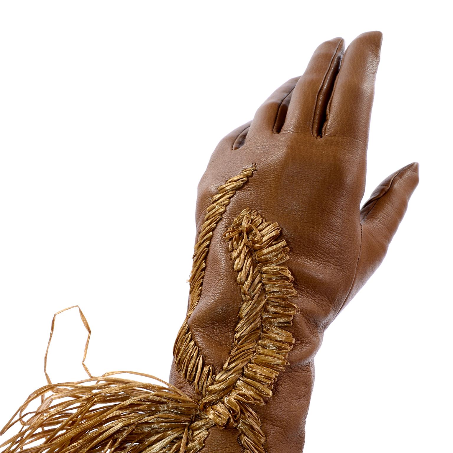 Brown Rare Gianfranco Ferre Vintage Soft Leather Gloves w Braided & Fringe Straw  For Sale