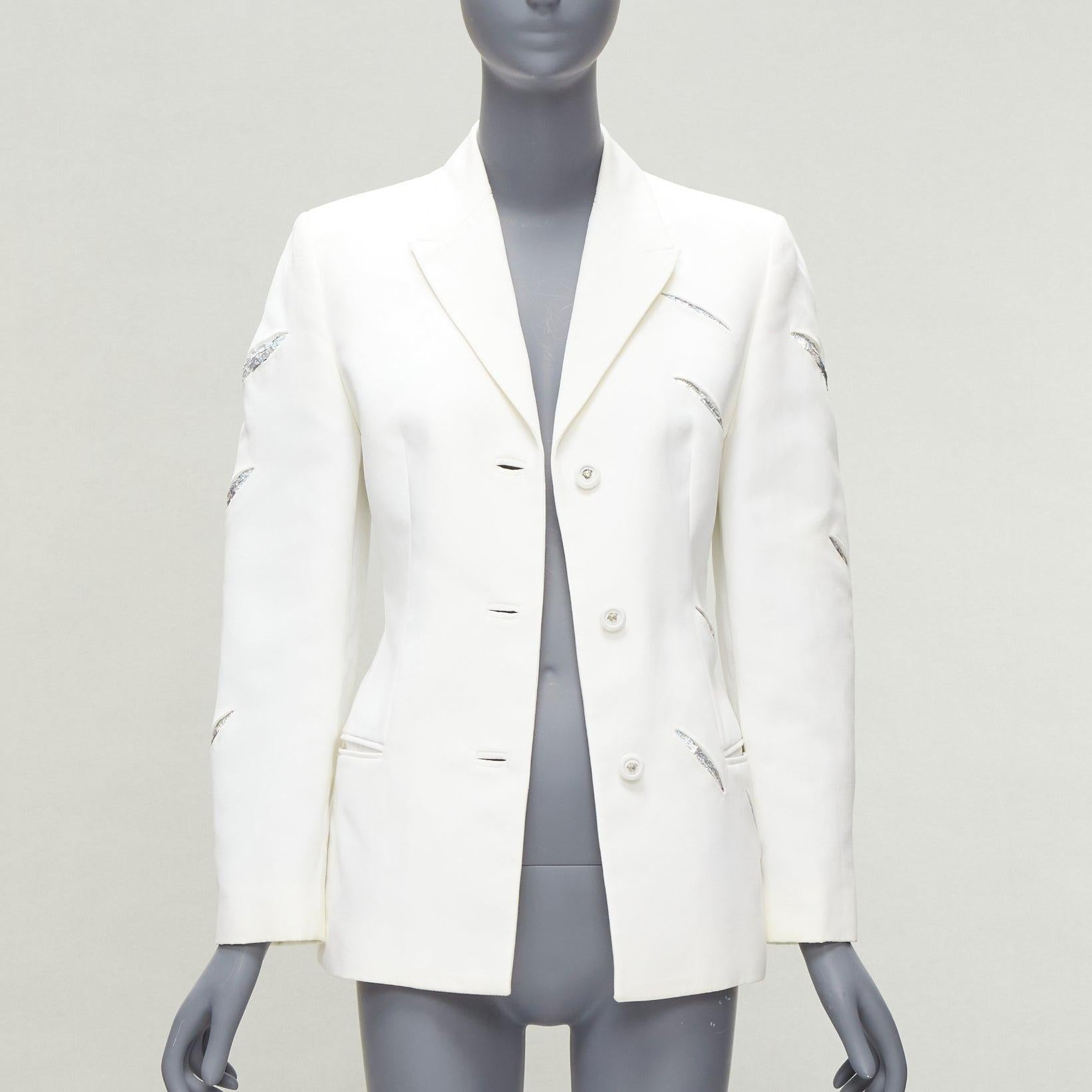 Gray rare GIANNI VERSACE 1999 Vintage white Medusa slash sequins blazer IT40 S For Sale