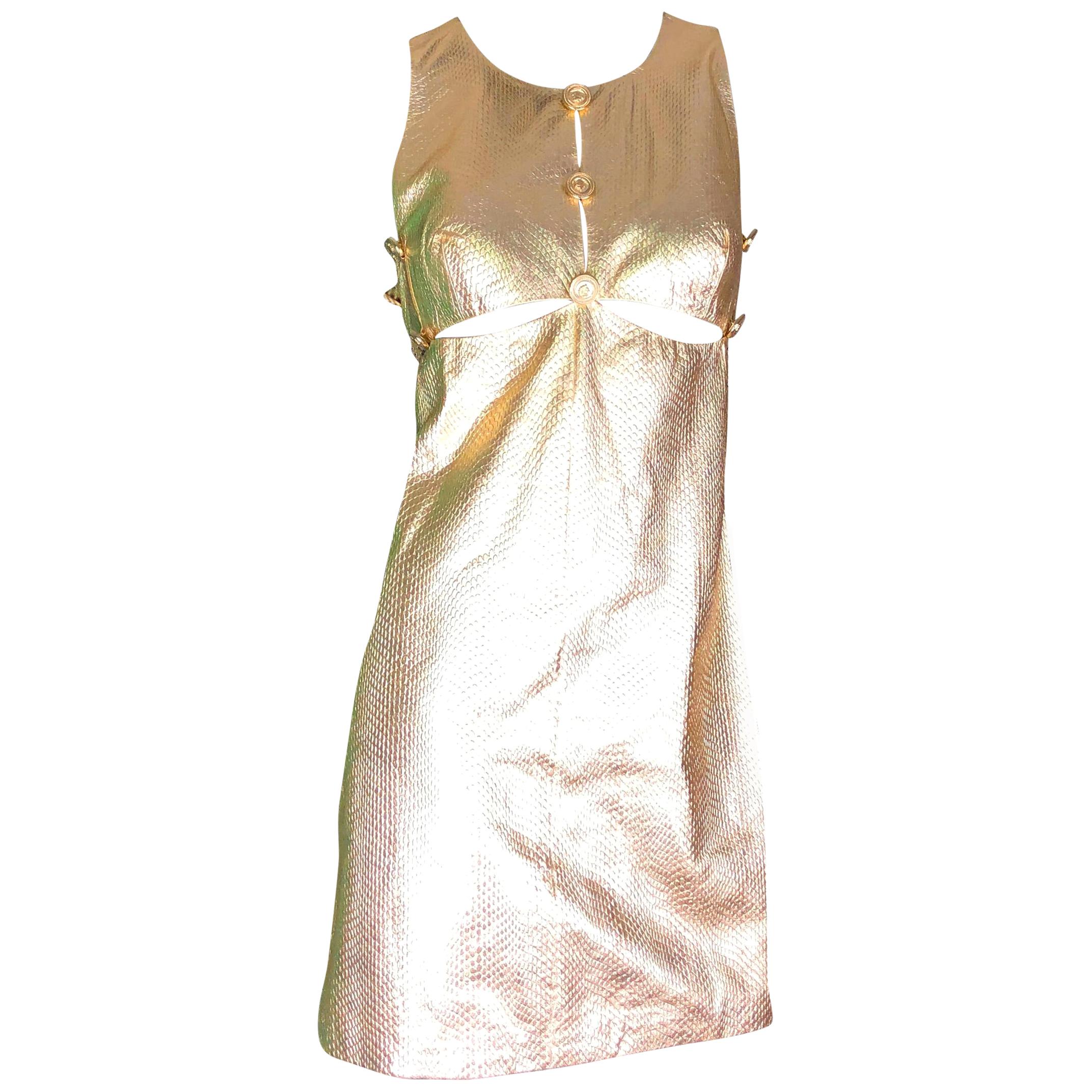 UNWORN Gianni Versace 1994 Medusa Metallic Golden Leather Dress Museum Piece 44 For Sale
