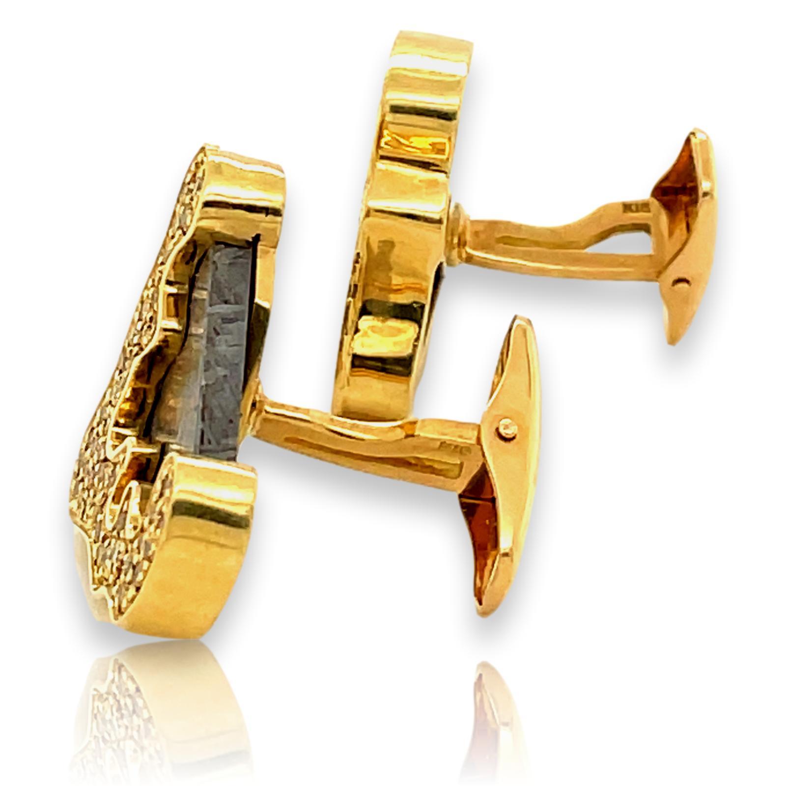 Brilliant Cut Rare Gibeon Meteorite and Gold Cufflinks with Yellow Diamonds For Sale