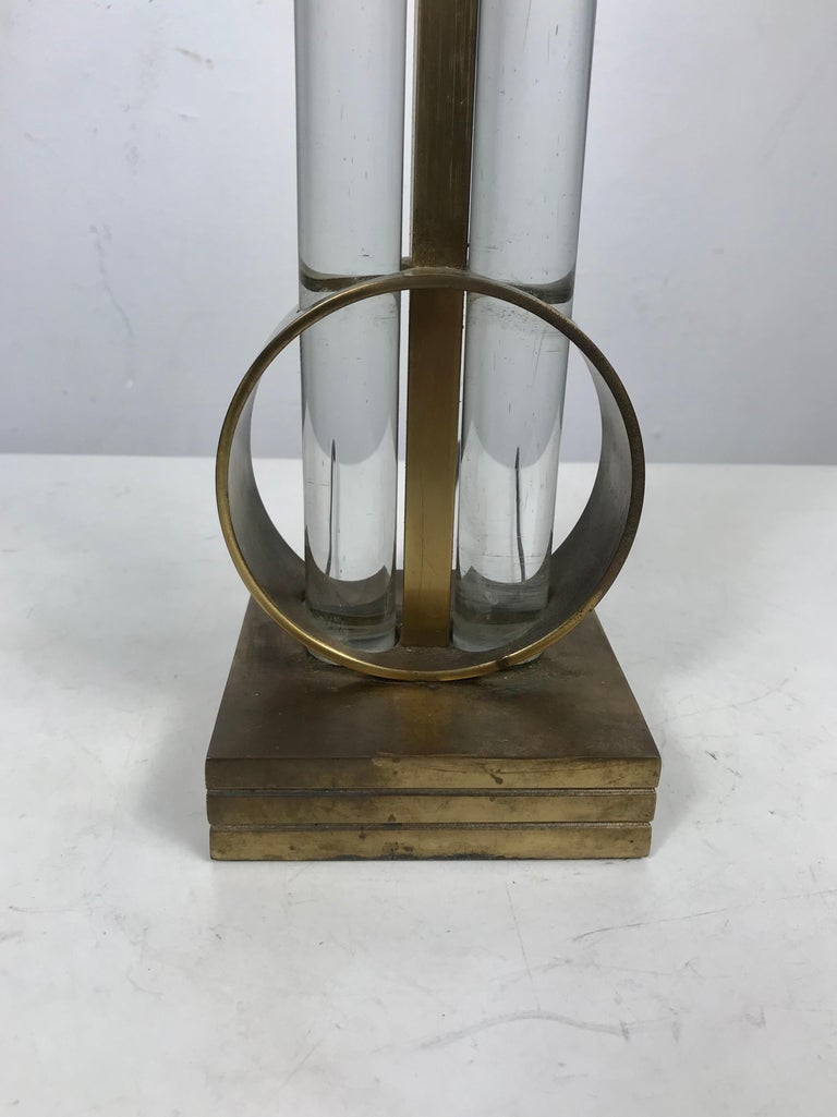Rare Gilbert Rhode 1930s modernist Art Deco brass and glass table lamp, amazing design, retains (seldom seen) original lamp shade.