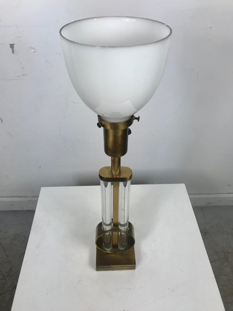 Art Deco Rare Gilbert Rhode 1930s Modernist Brass and Glass Table Lamp For Sale