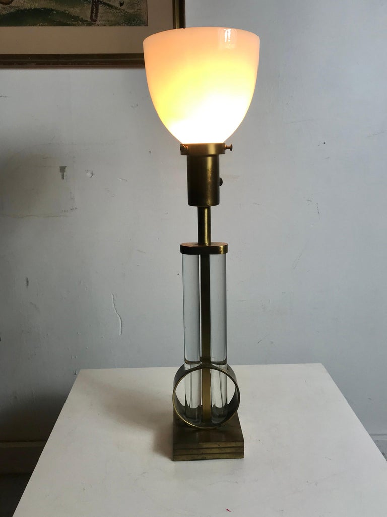 American Rare Gilbert Rhode 1930s Modernist Brass and Glass Table Lamp For Sale