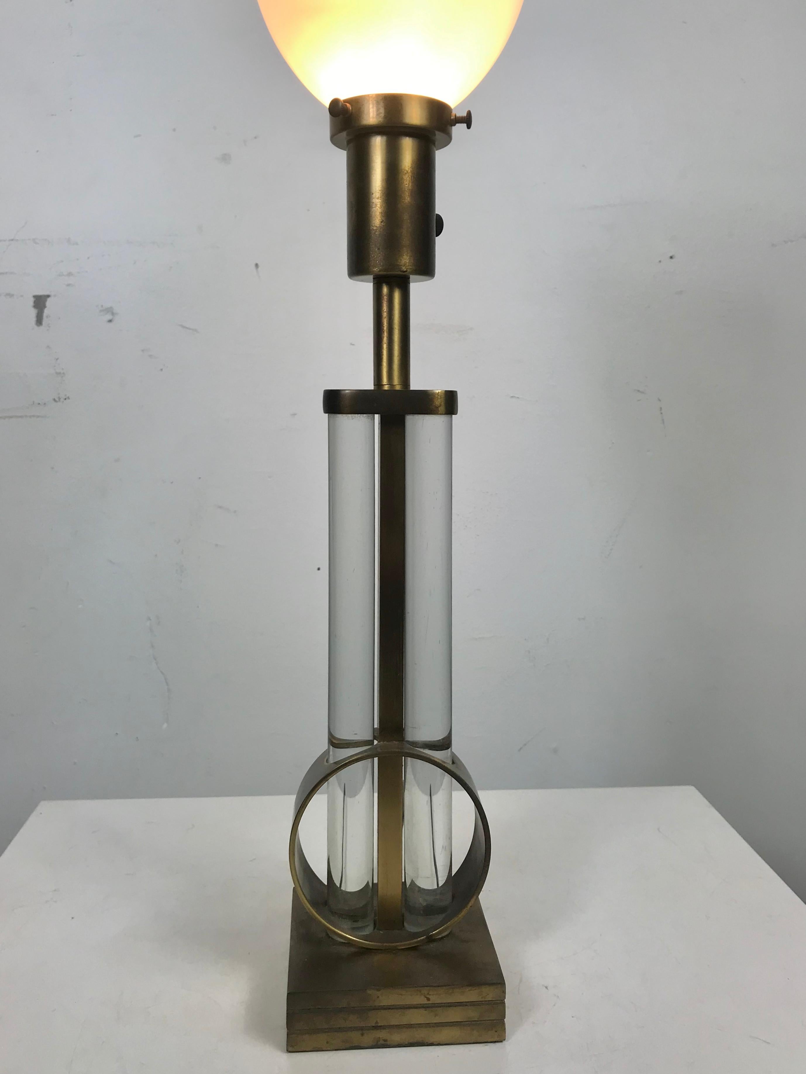 Art Deco Rare Gilbert Rhode 1930s Modernist Brass and Glass Table Lamp For Sale