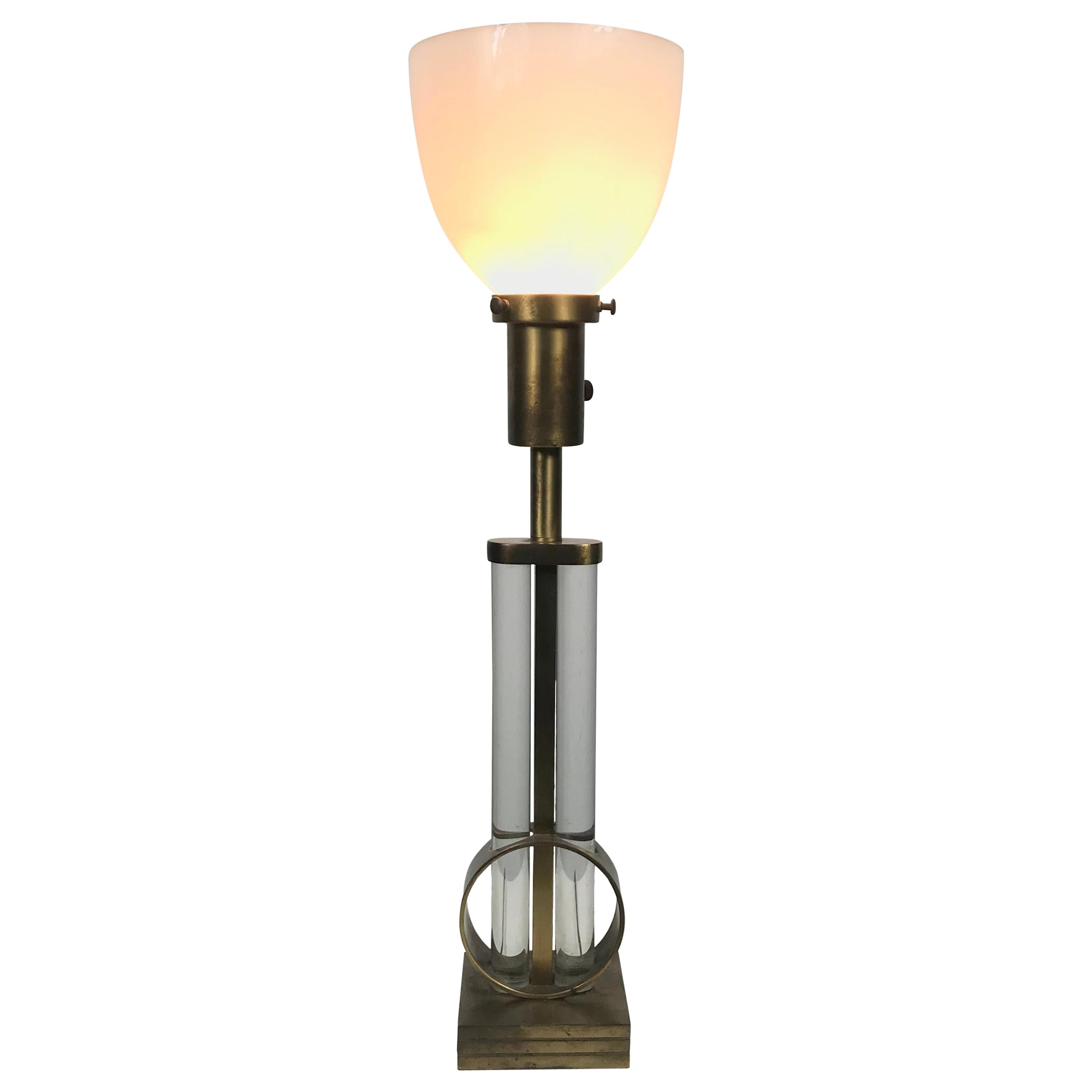 Rare Gilbert Rhode 1930s Modernist Brass and Glass Table Lamp For Sale