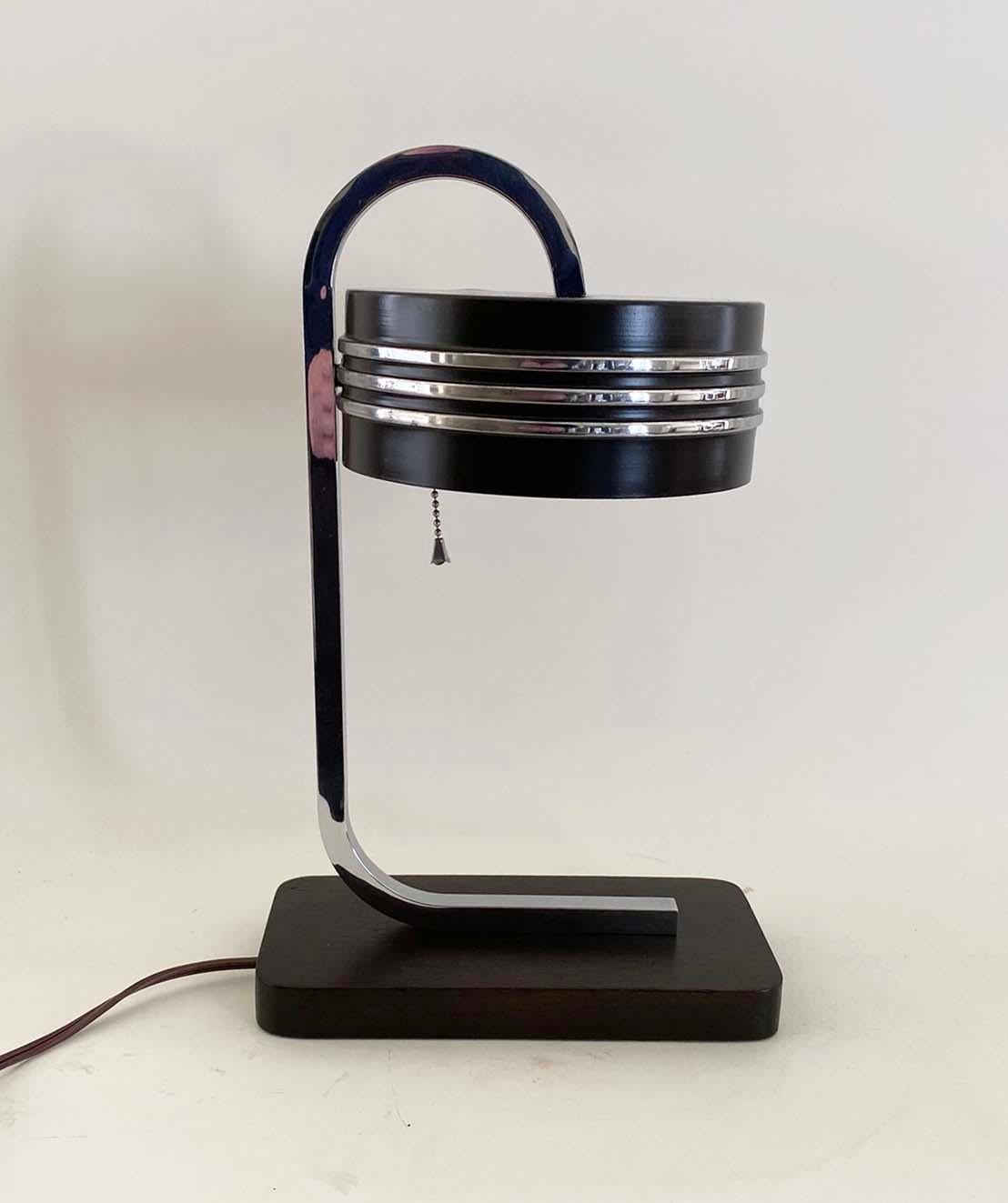 Rare Gilbert Rohde Machine Age Chrome, Enamel and Wood Desk or Table Lamp For Sale 7